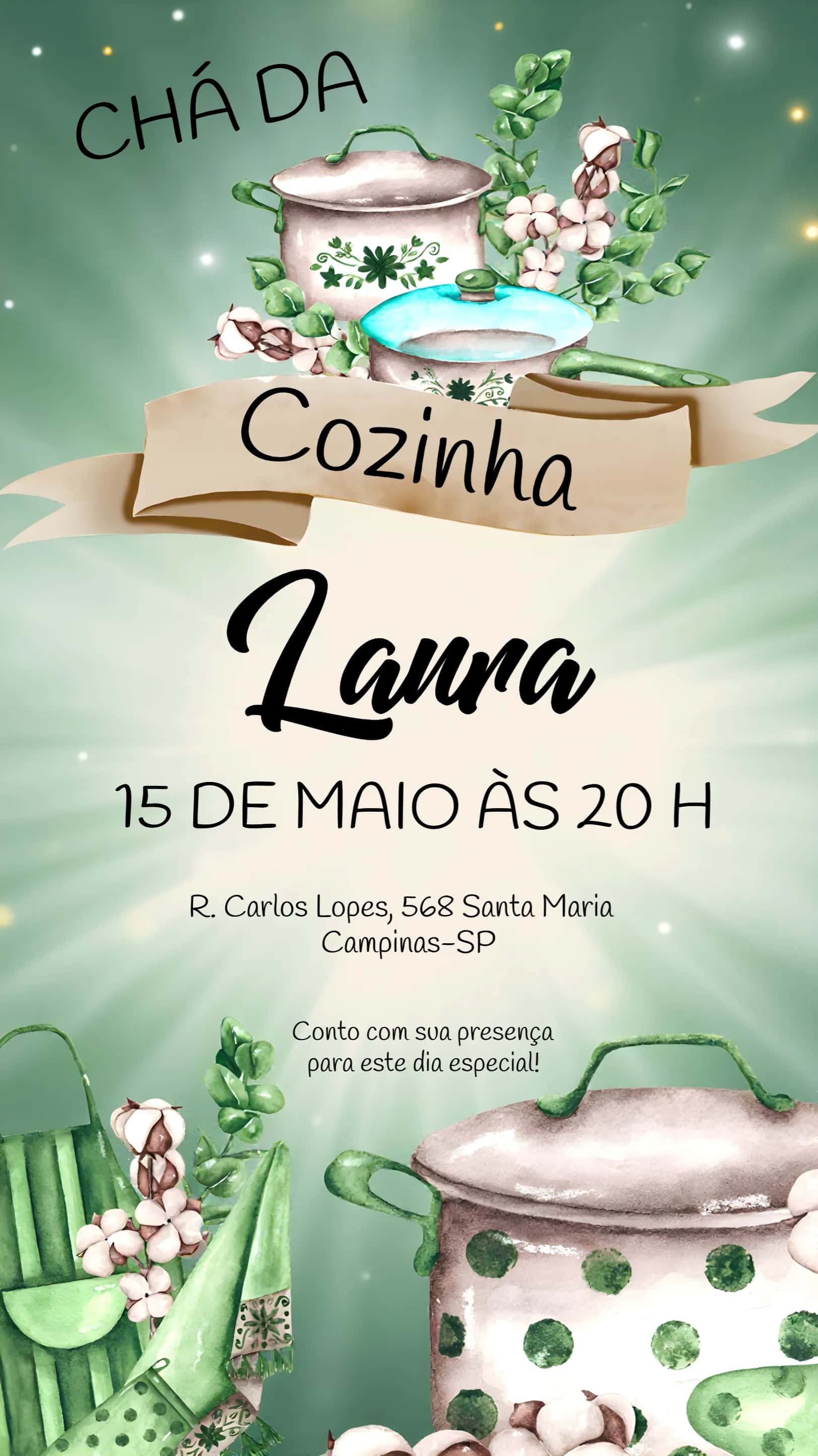 Convite Chá De Panela Verde editável e personalizável