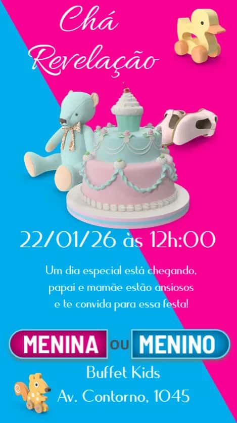 Convite Chá Revelação editável e personalizável