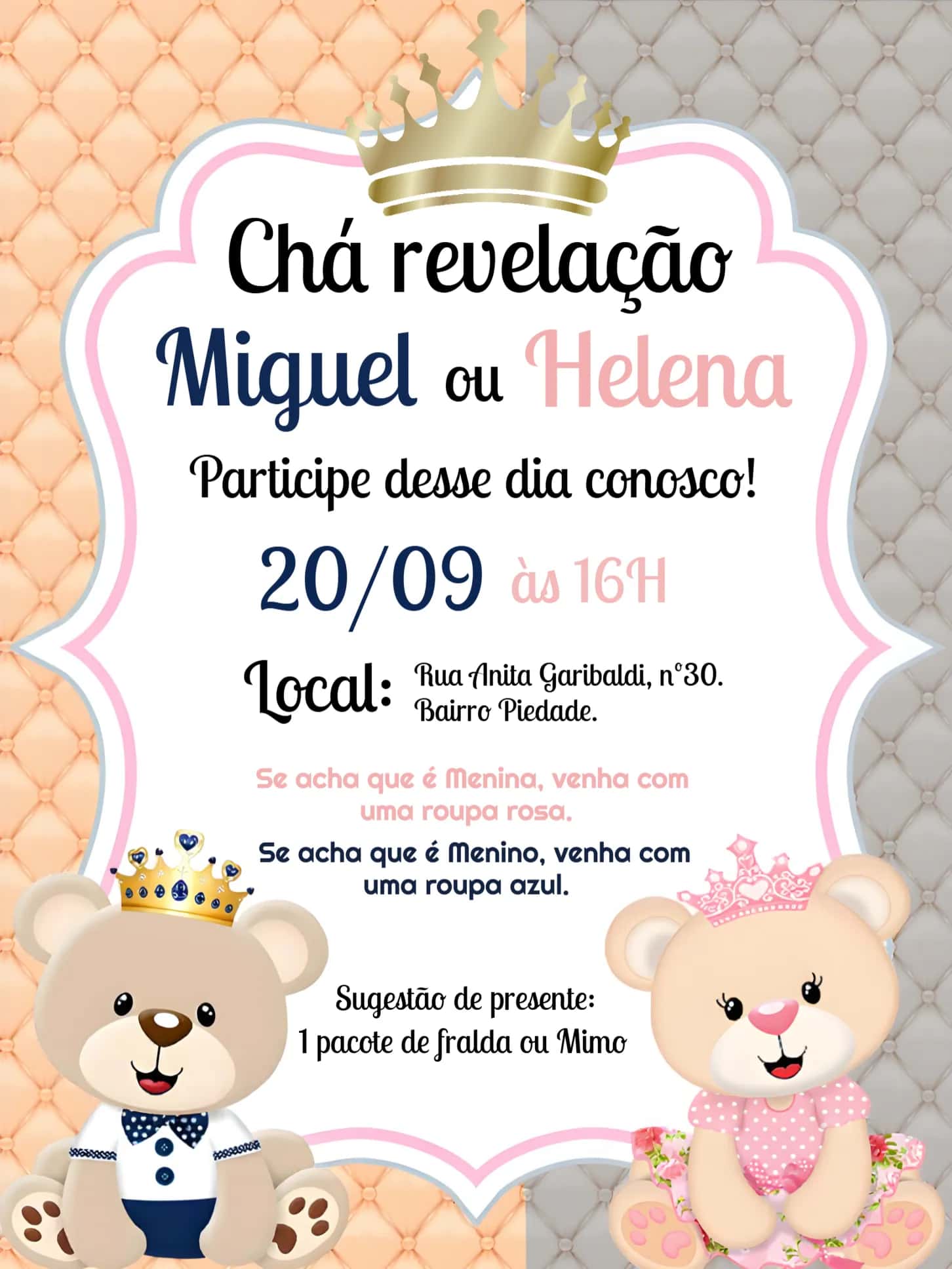 Convite Chá Revelação Ursinho Príncipe E Ursinha Princesa Rosa editável e personalizável