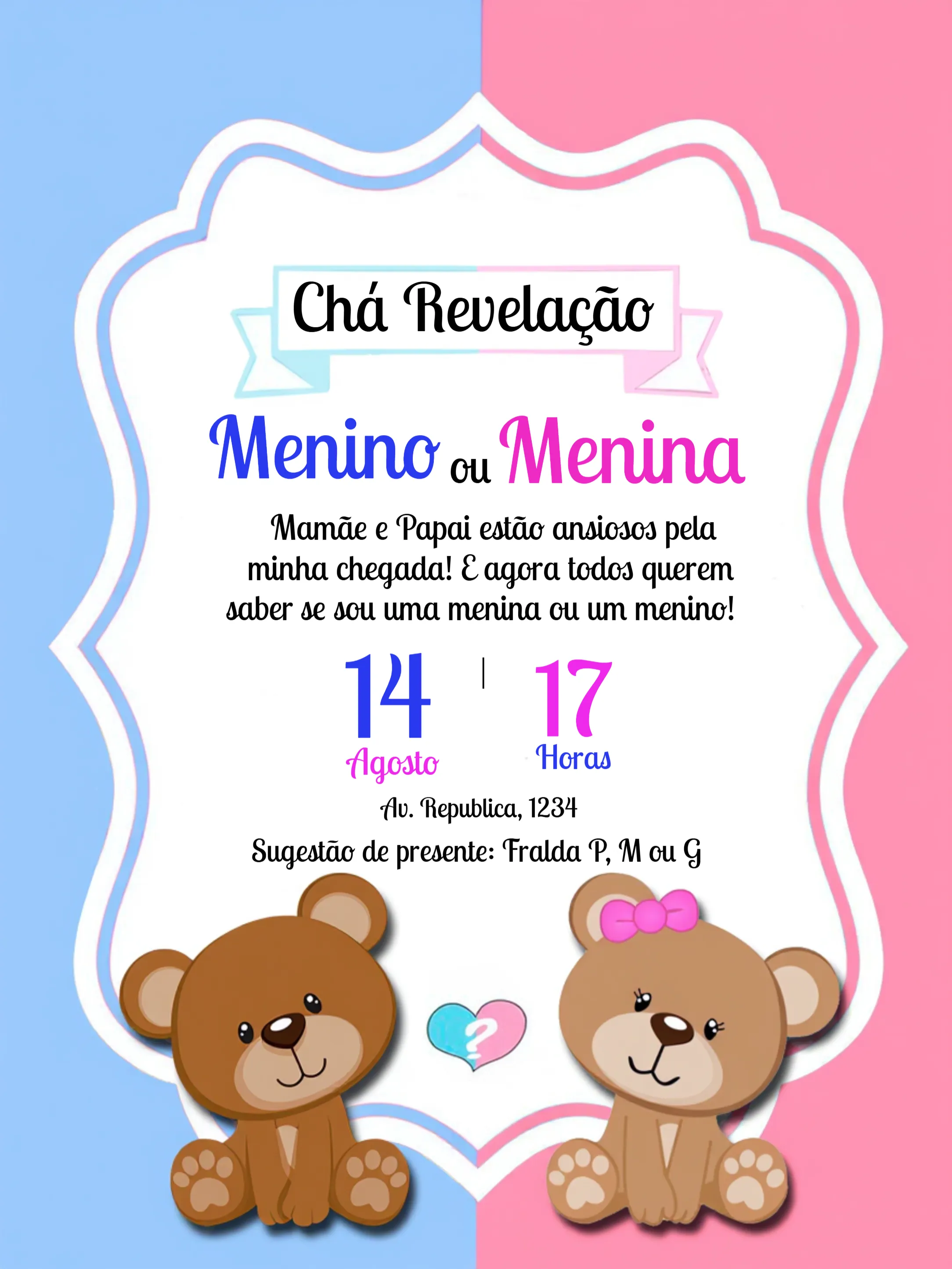 Convite Chá Revelação Ursinhos Azul editável e personalizável