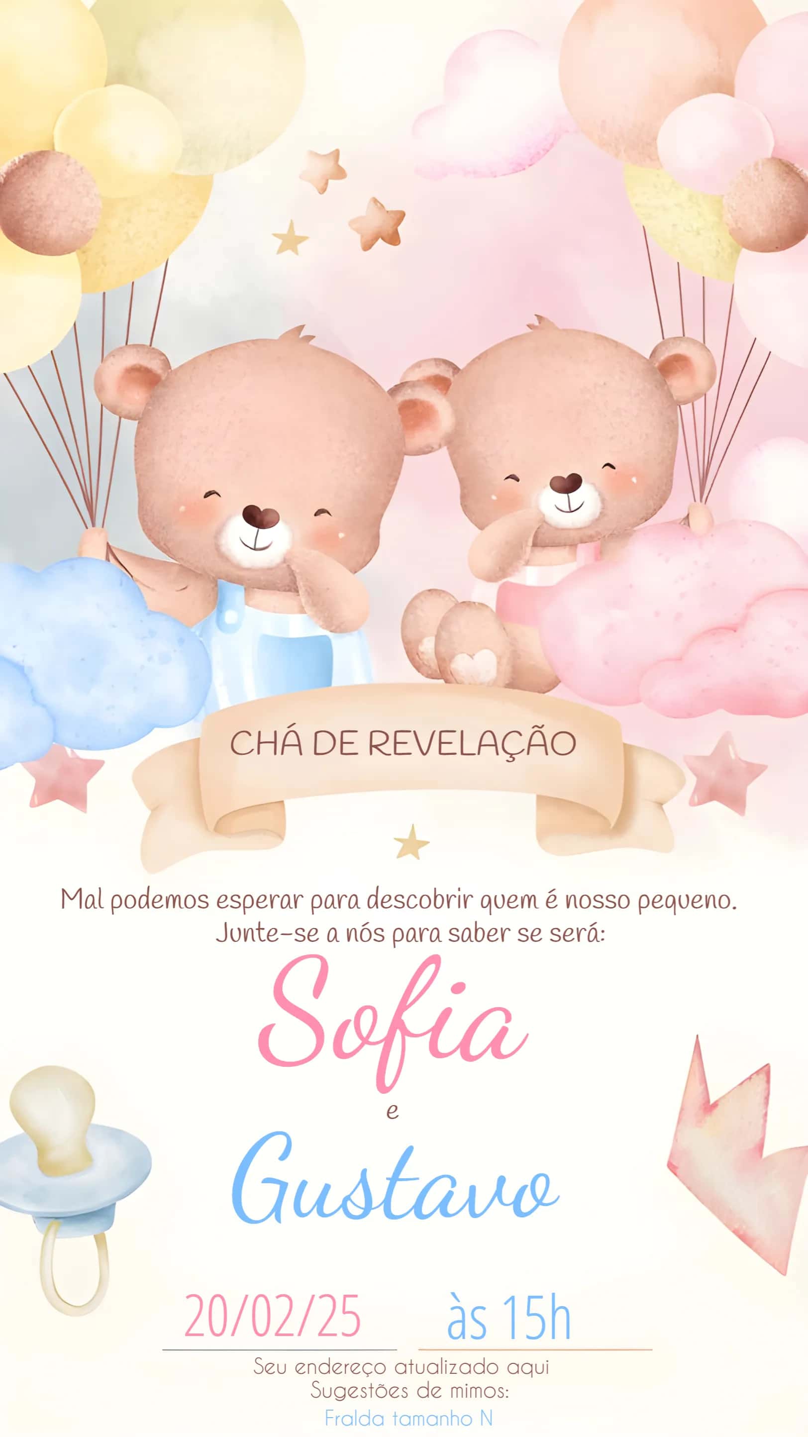 Convite Chá Revelação Ursinhos Baloeiros Rosa editável e personalizável