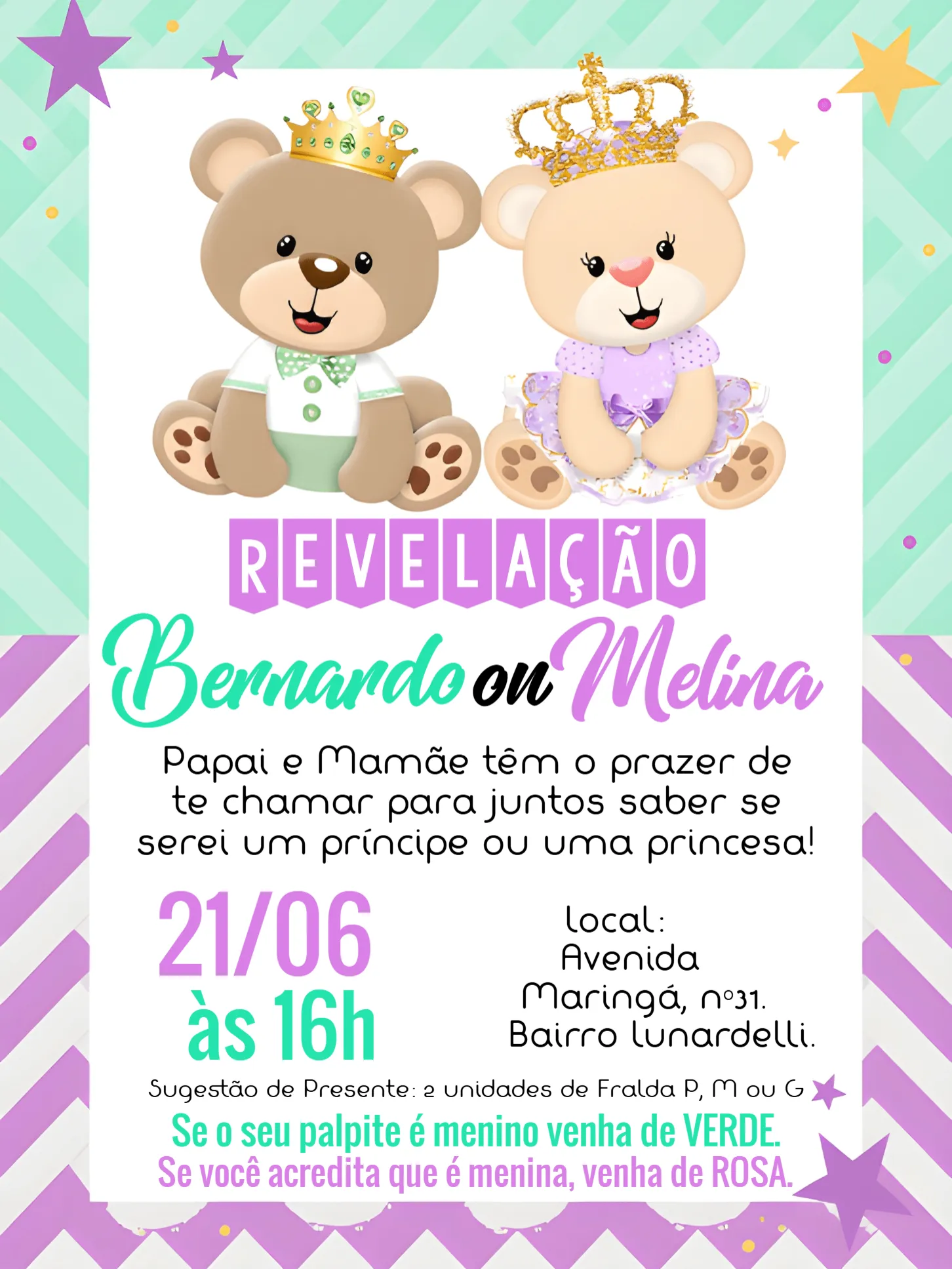 Convite Chá Revelação Ursinhos Realeza Cha editável e personalizável