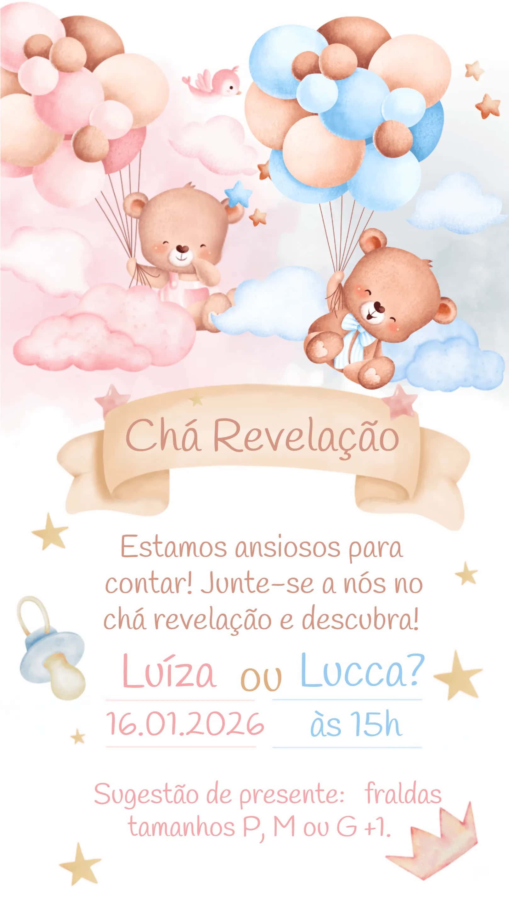 Convite Chá Revelação Ursinhos Urso editável e personalizável