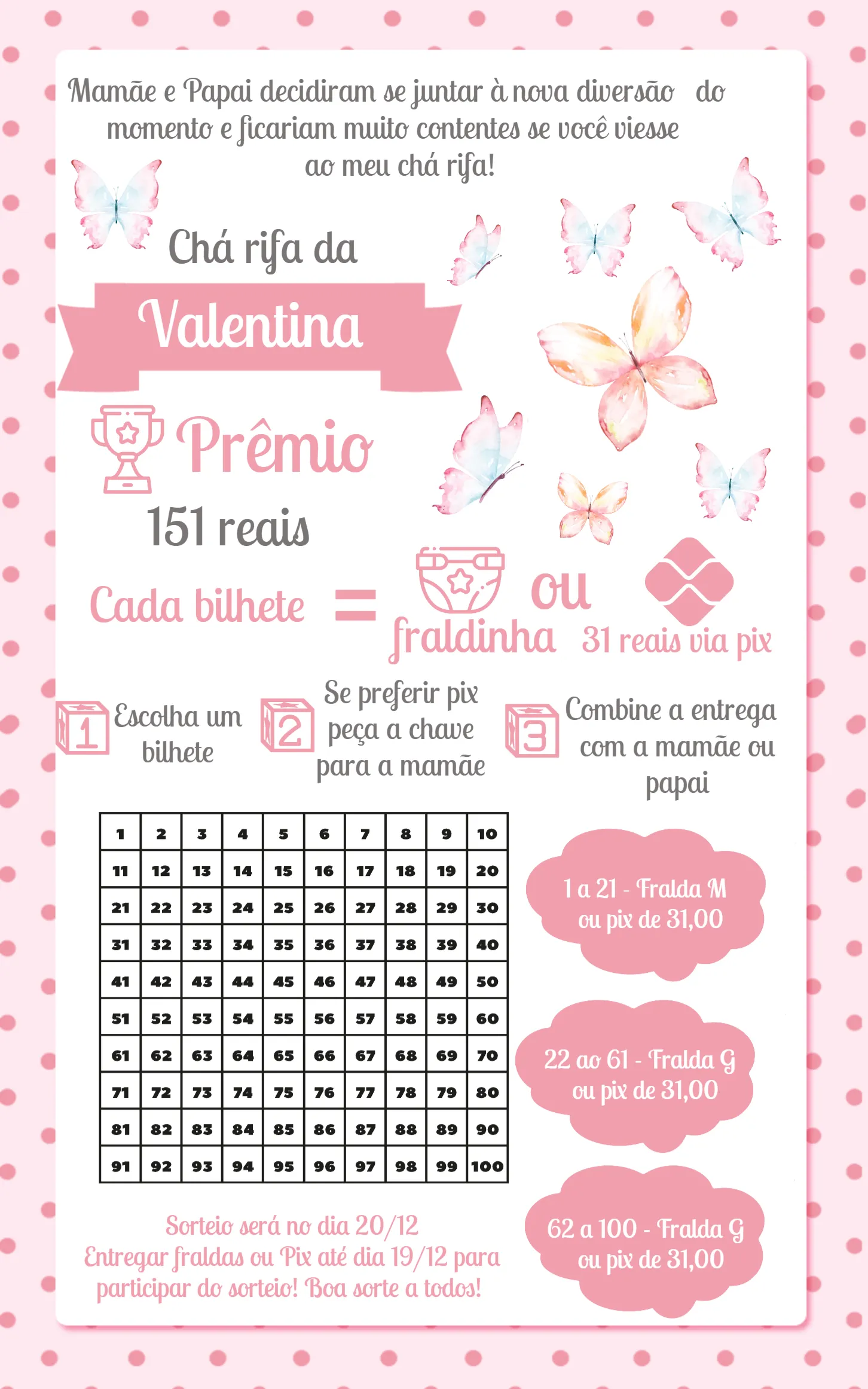 Convite Chá Rifa Borboletas Aquarela 100 editável e personalizável