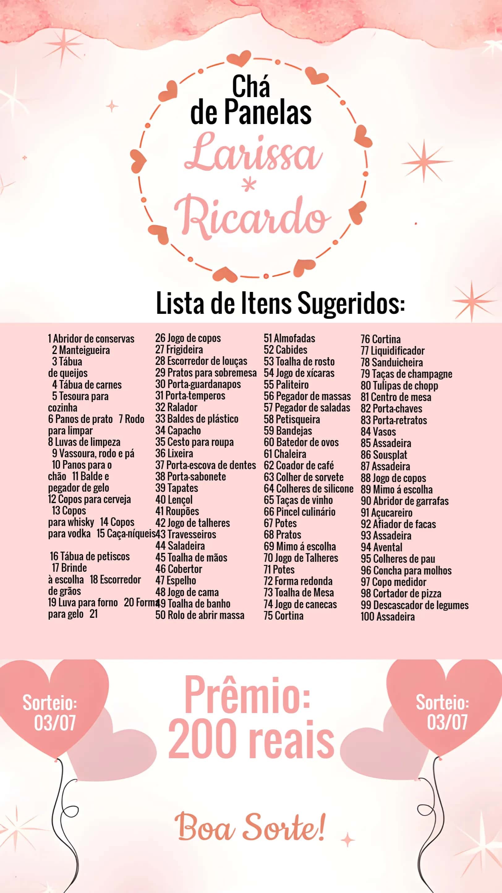 Convite Chá Rifa De Cozinha Corações Salmão editável e personalizável