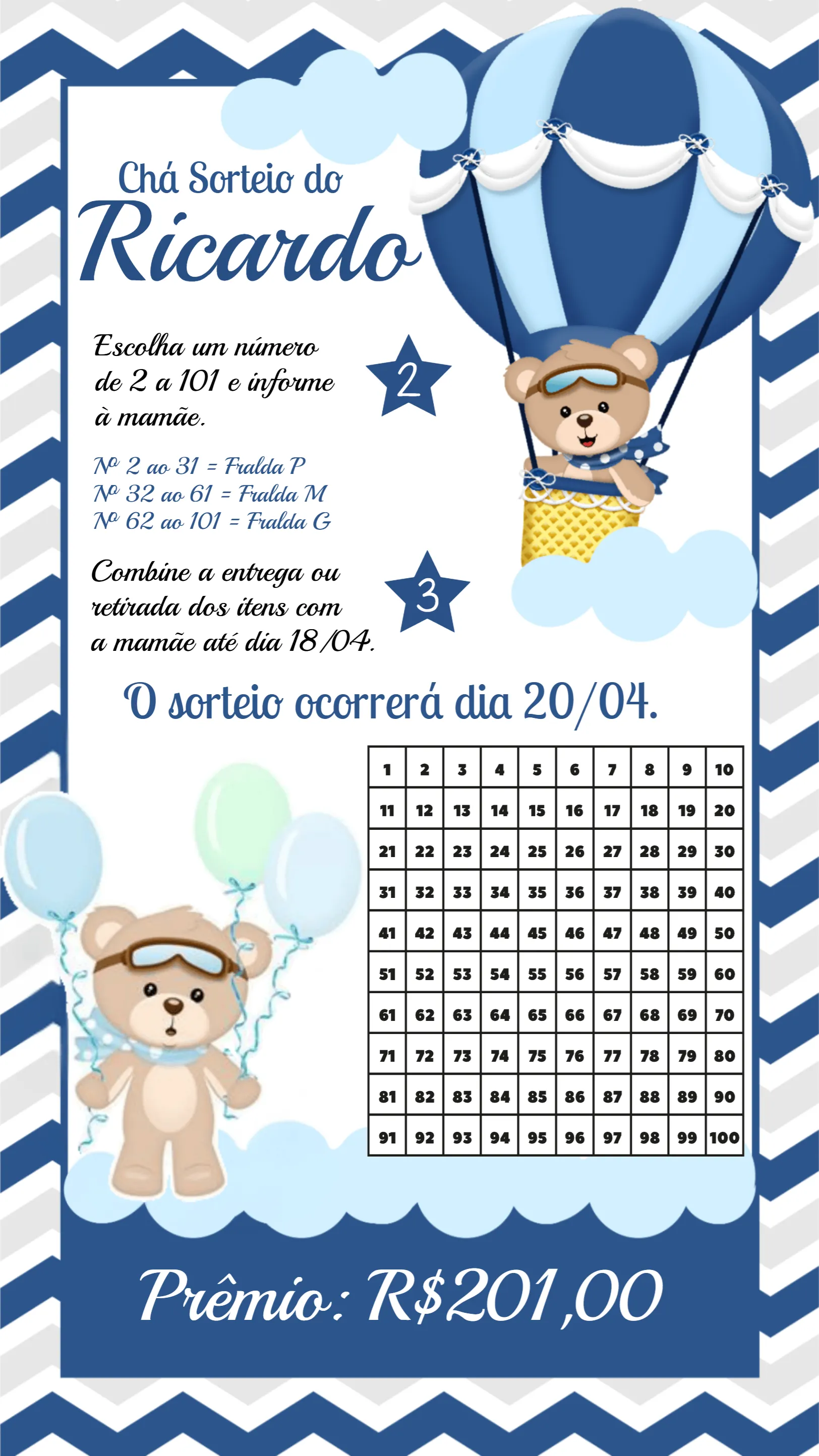 Convite Chá Rifa Ursinho Baloeiro Urso editável e personalizável