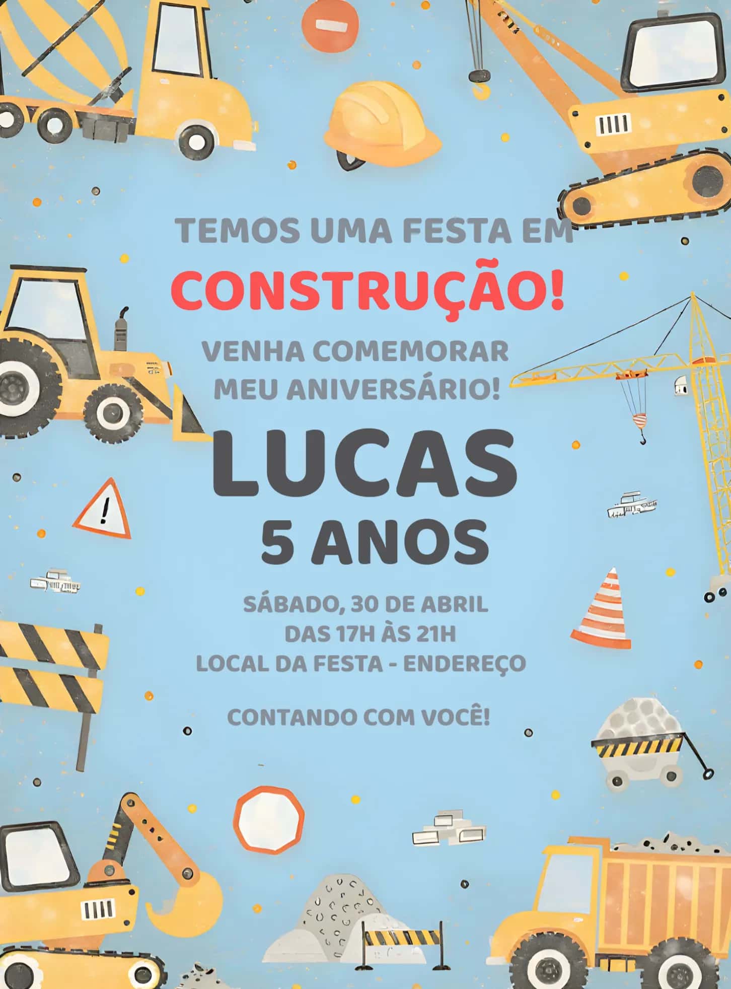 Convite Construção Pedras editável e personalizável