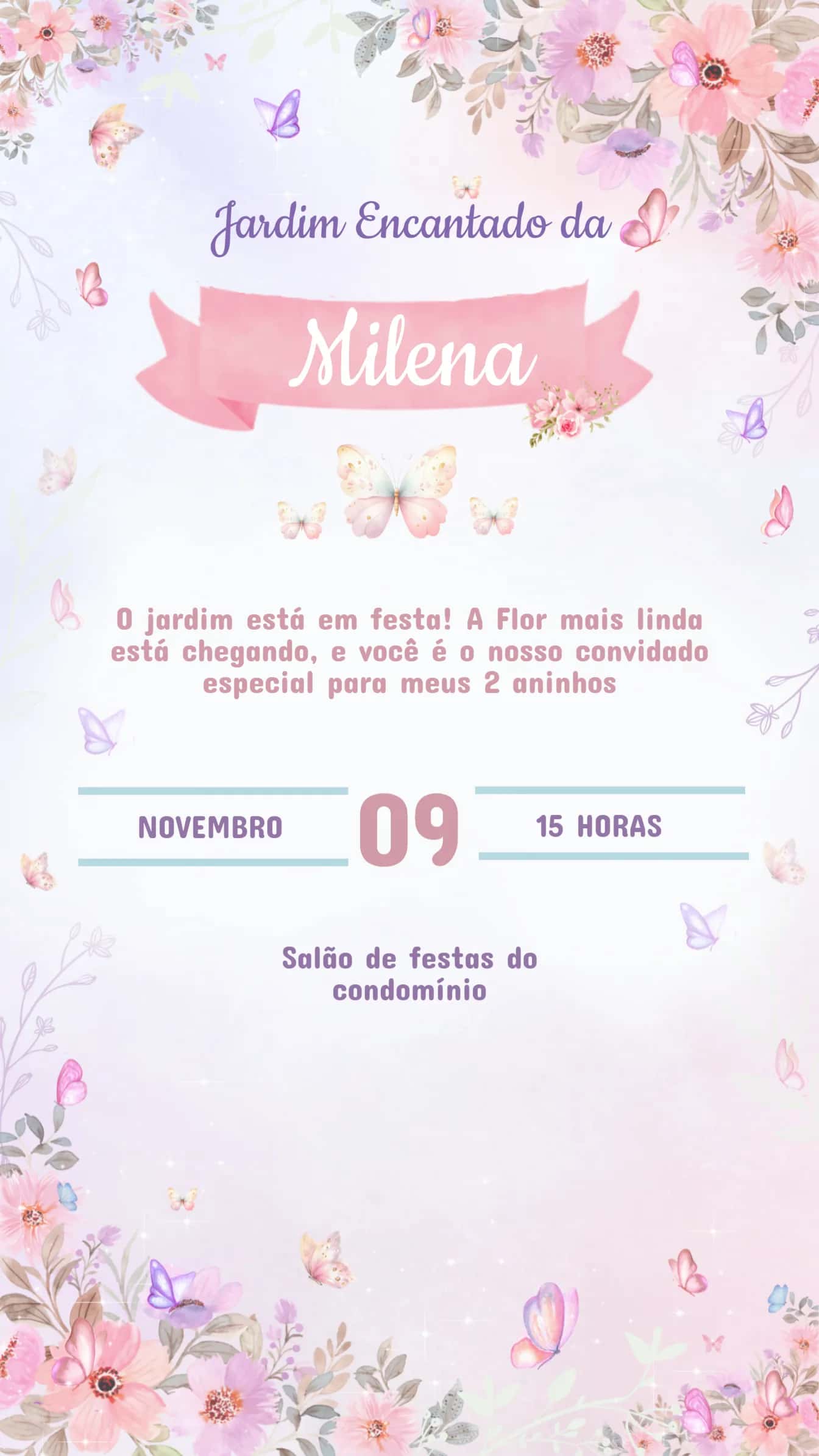 Convite Convite Aniversário JARDIM DAS BORBOLETAS editável e personalizável