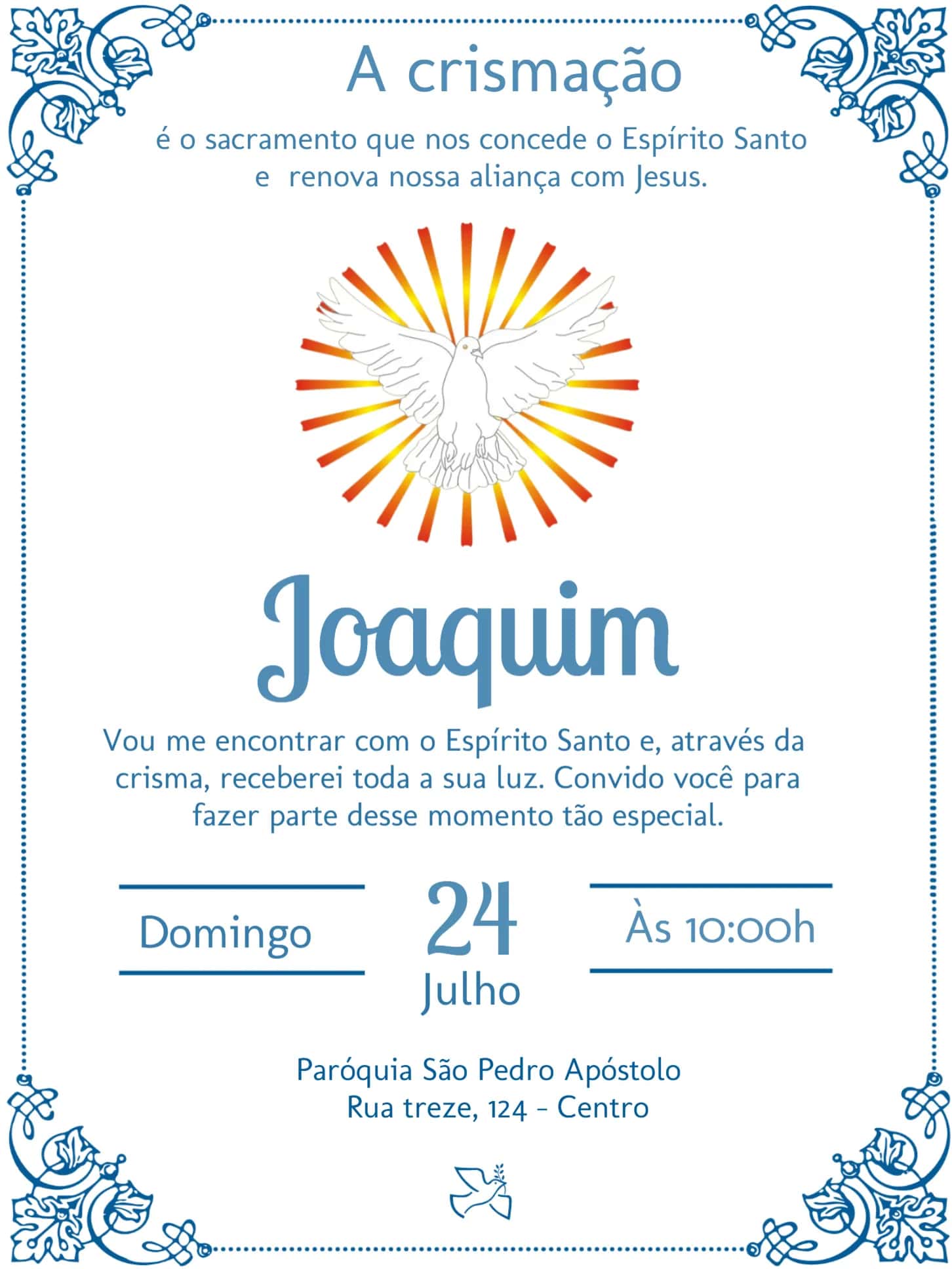 Convite Crisma Espírito Santo Batizado editável e personalizável