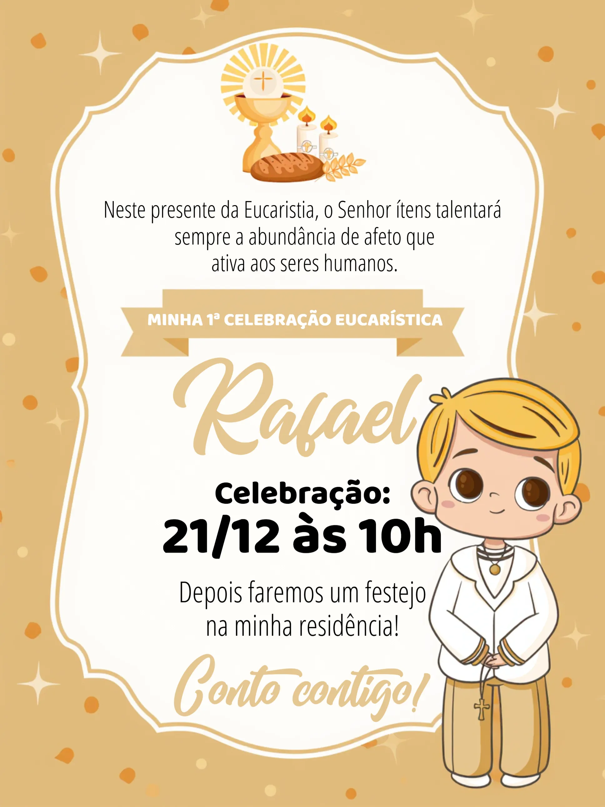 Convite Eucaristia - Primeira Comunhão Menino Coroinha editável e personalizável