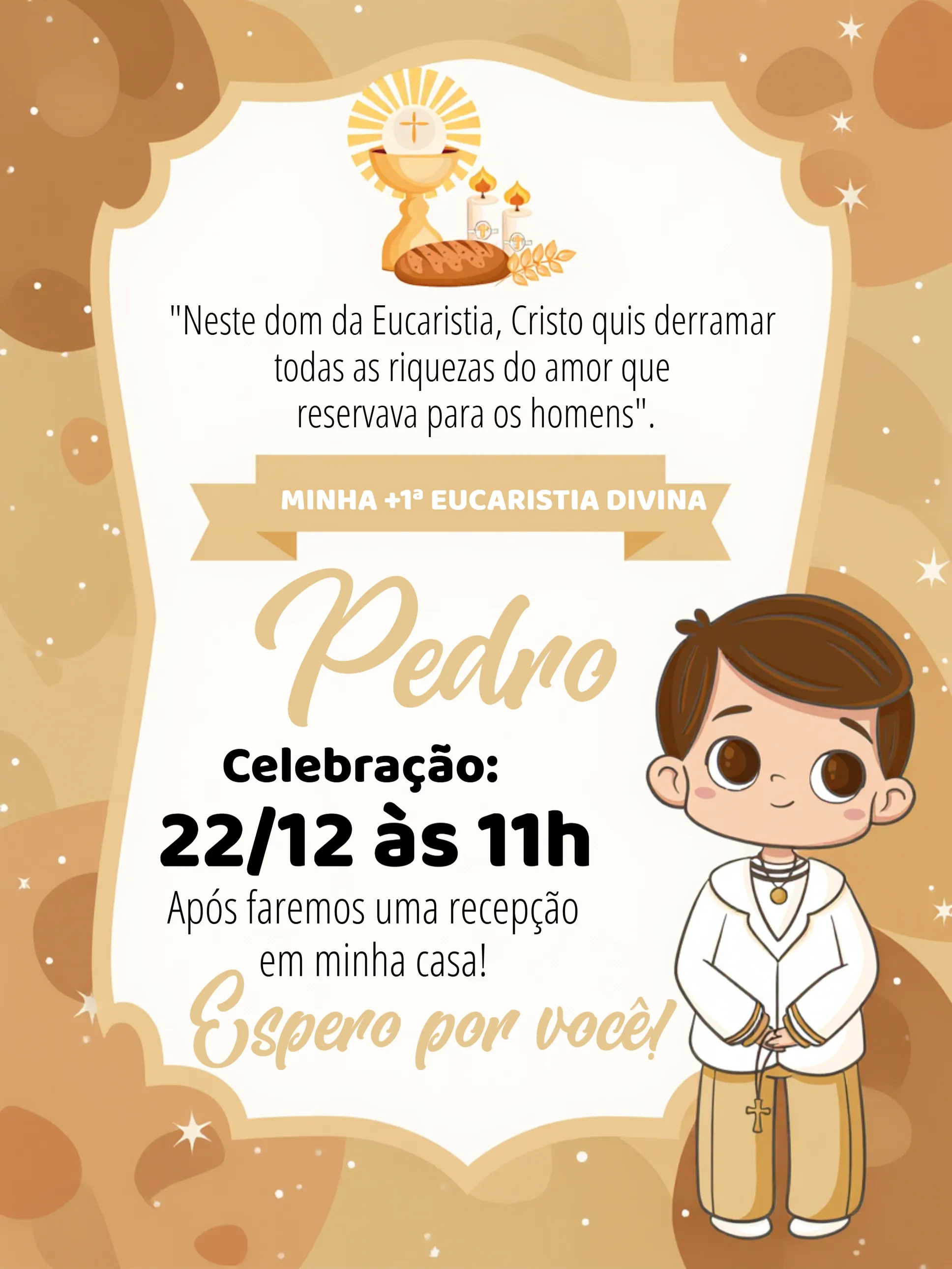 Convite Eucaristia Primeira Comunhão Menino Igreja editável e personalizável