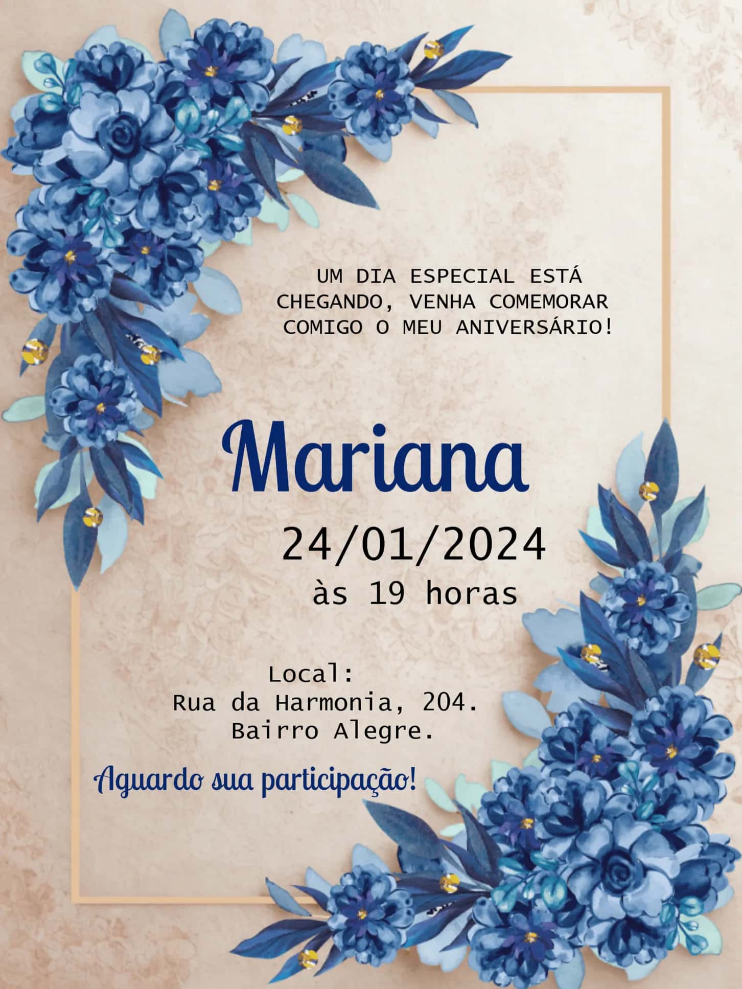 Convite Floral Azul Dourado editável e personalizável
