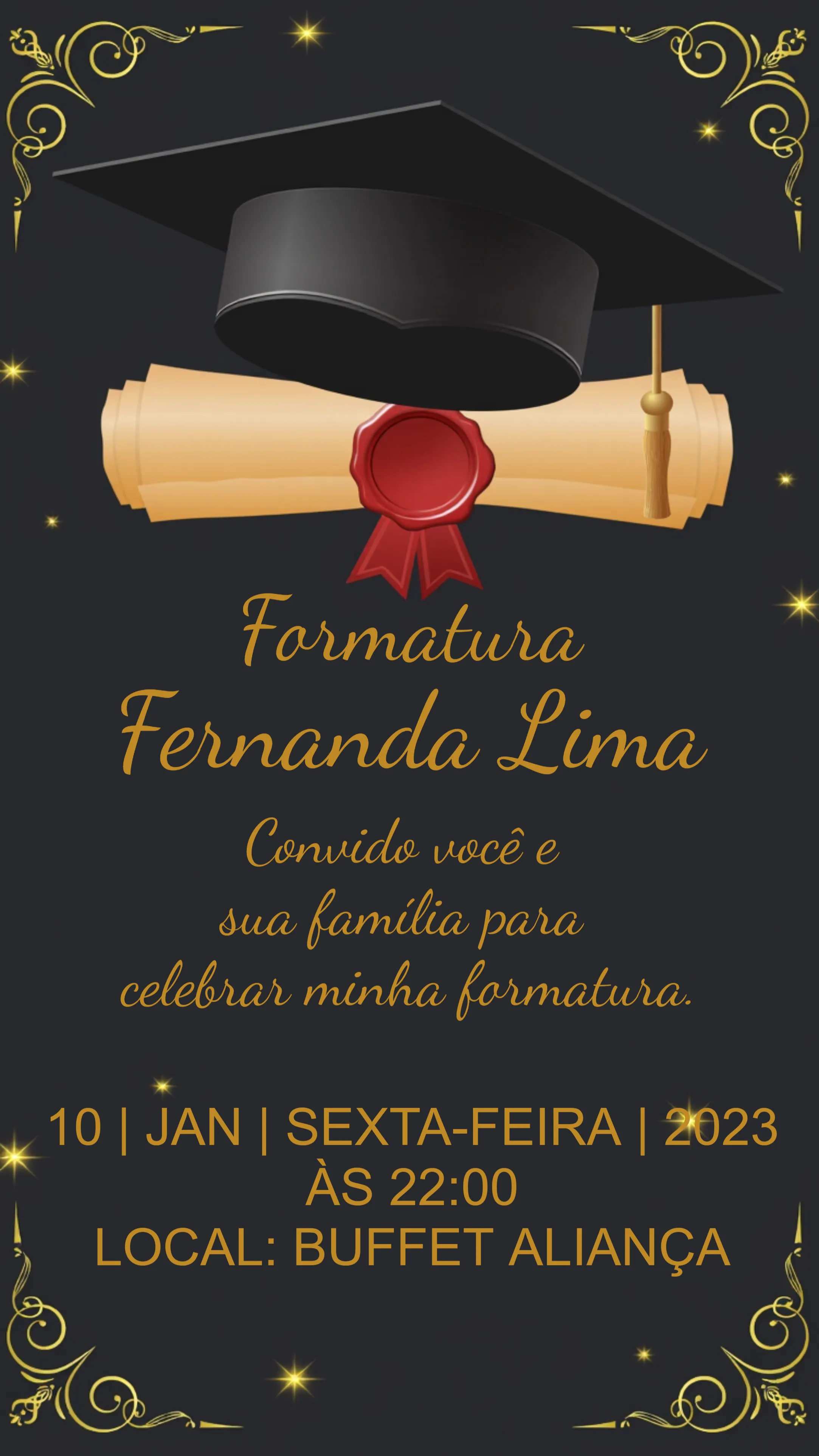 Convite Formatura Dourado editável e personalizável