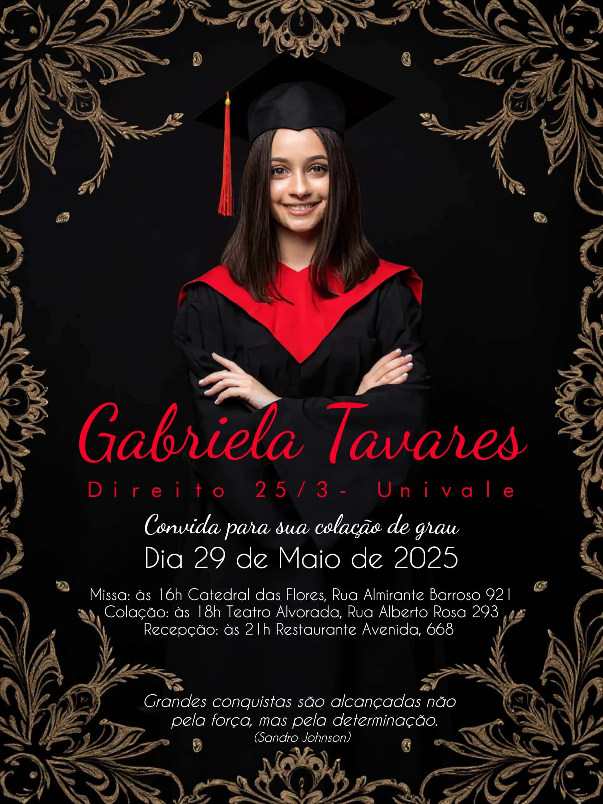 Convite Formatura Direito Com Foto Vermelho editável e personalizável