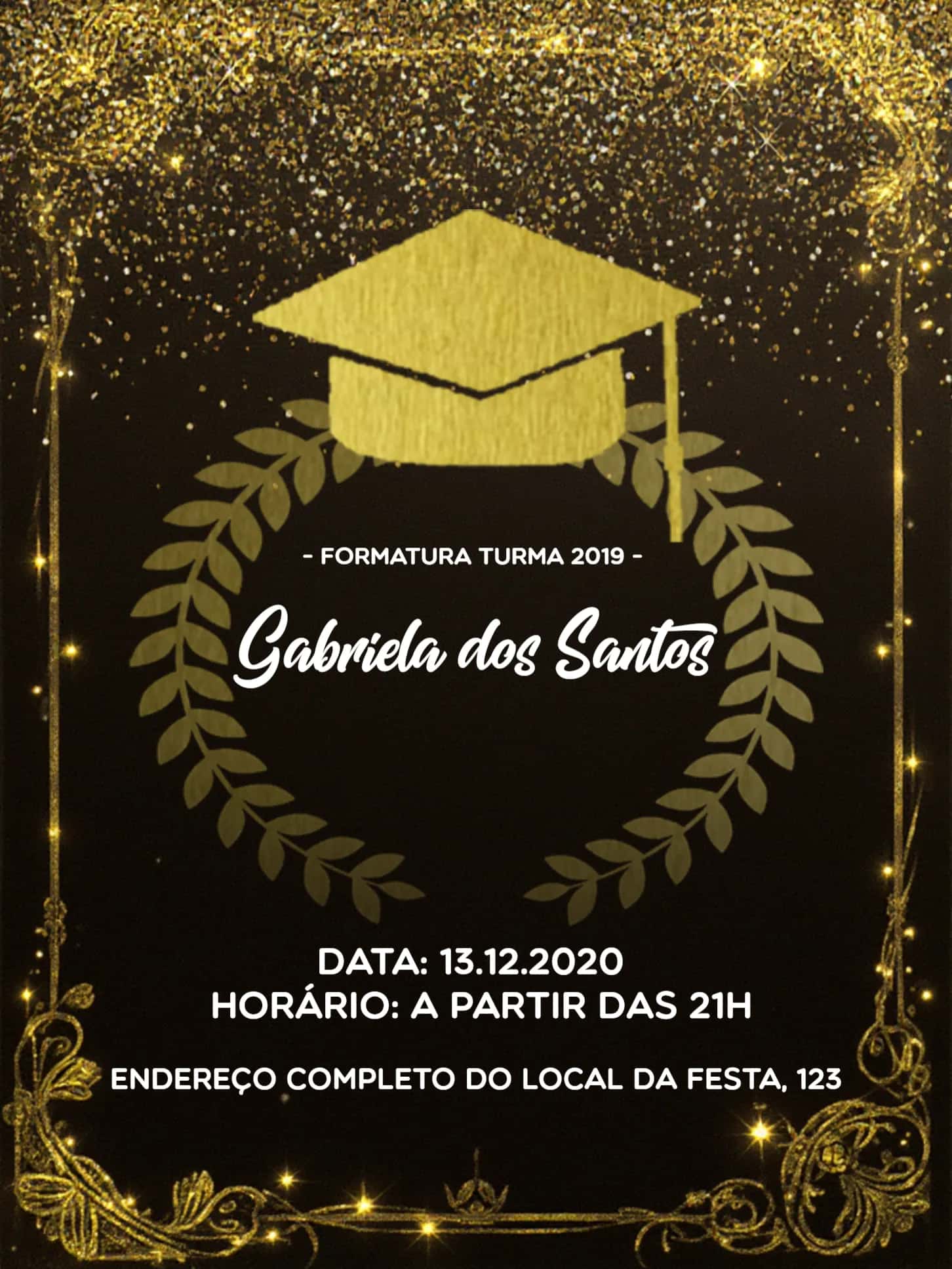 Convite Formatura Dourado editável e personalizável