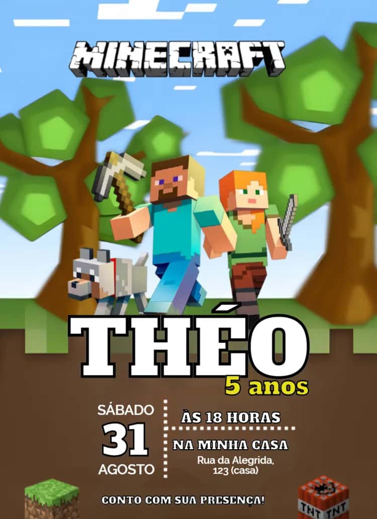 Convite Minecraft editável e personalizável