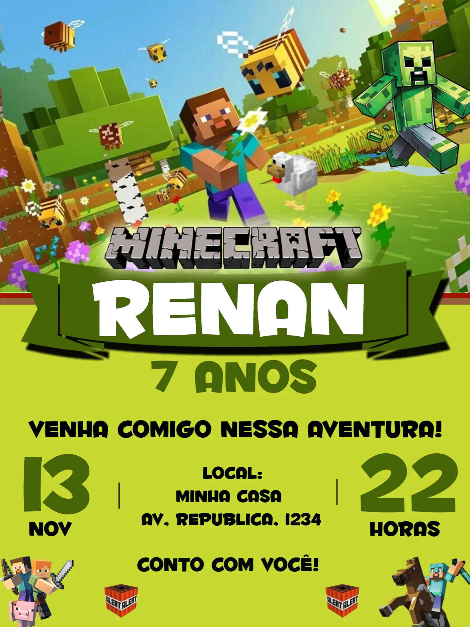 Convite Minecraft Preto editável e personalizável