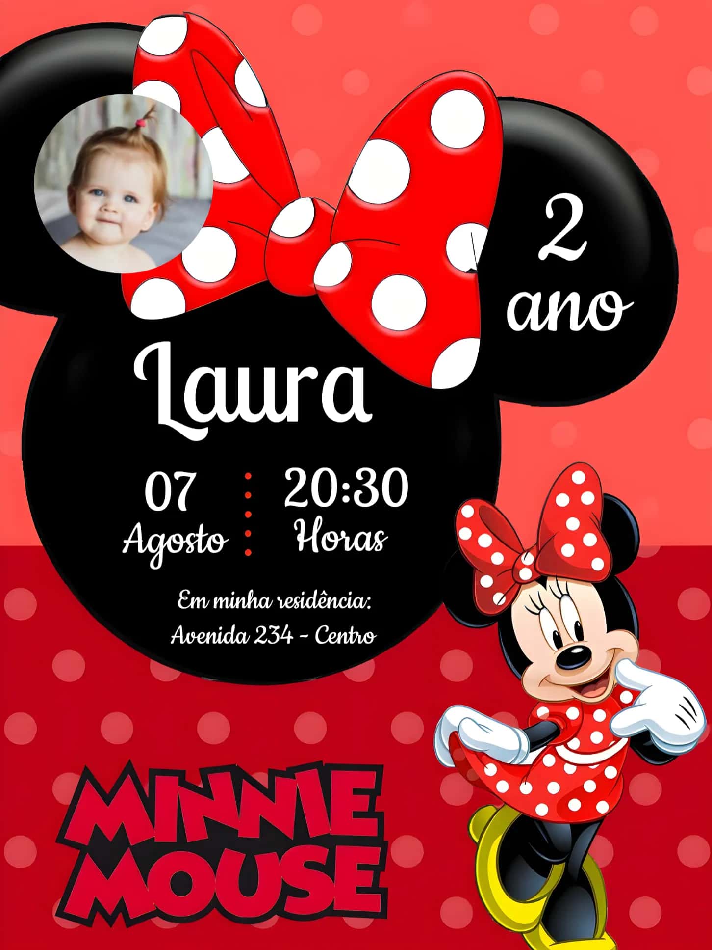 Convite Minnie Mouse Com Foto Ano editável e personalizável