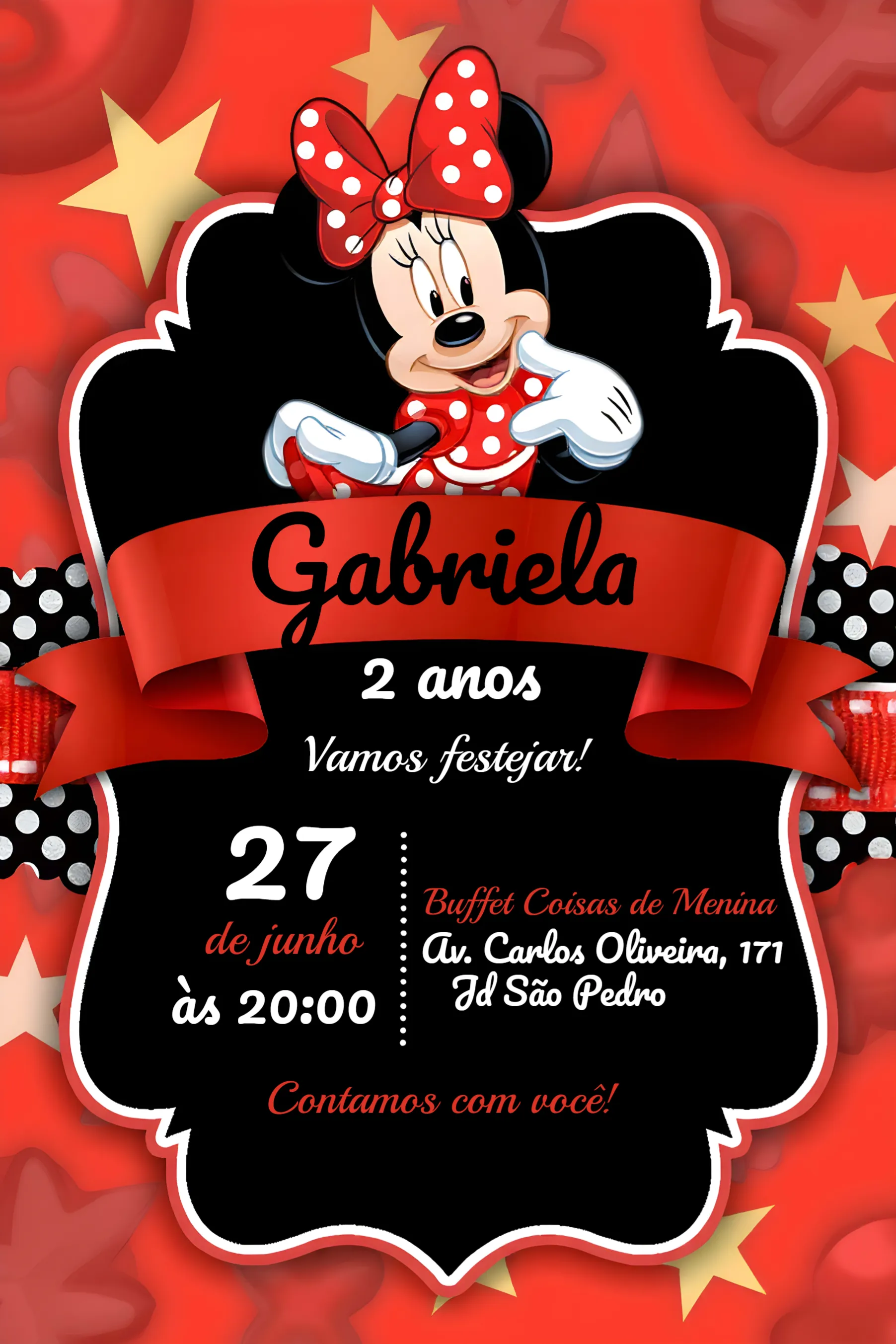 Convite Minnie Mouse Vermelha editável e personalizável