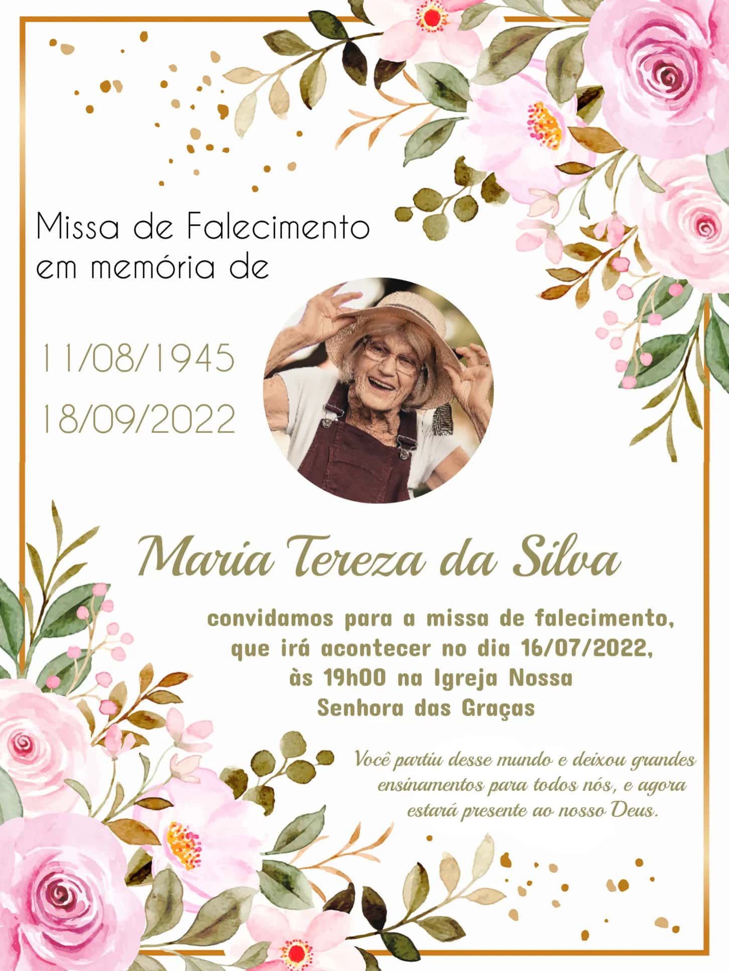 Convite Missa De Falecimento Com Foto Rosa editável e personalizável