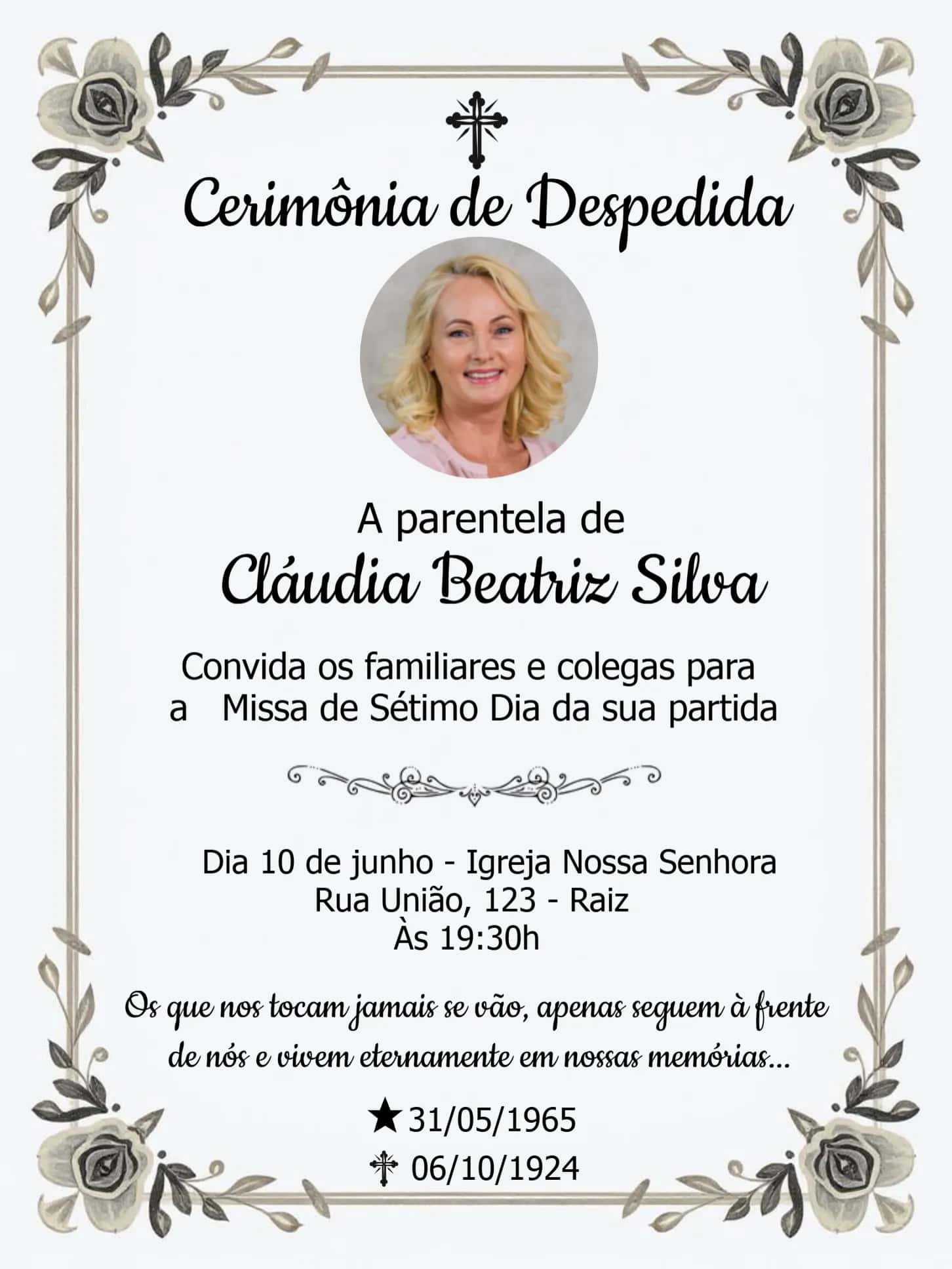 Convite Missa De Sétimo Dia Com Foto Religioso editável e personalizável