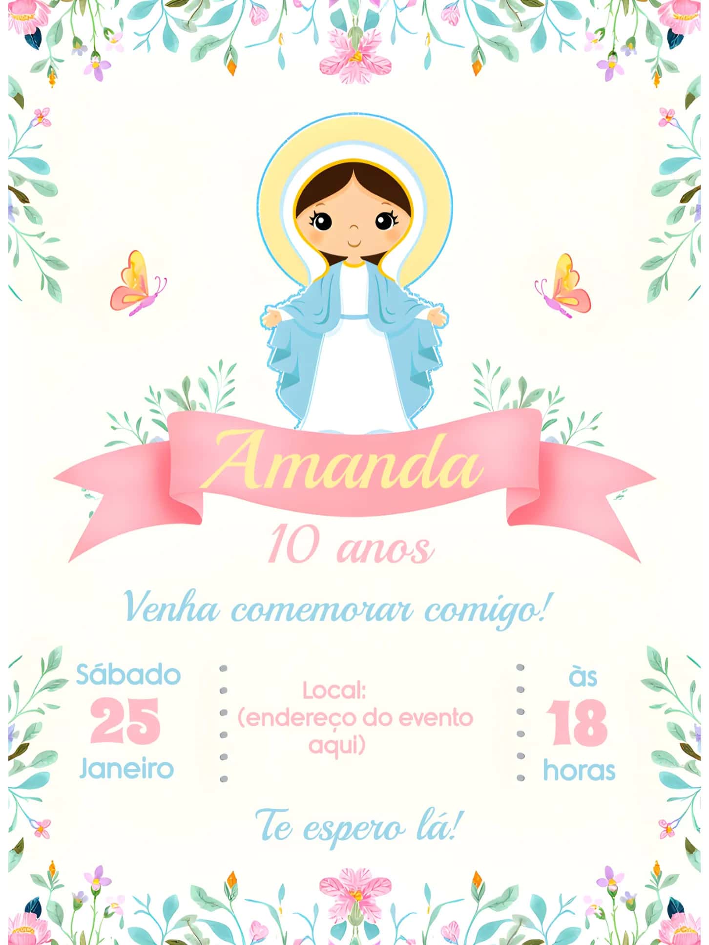 Convite Nossa Senhora Das Graças Pastel editável e personalizável