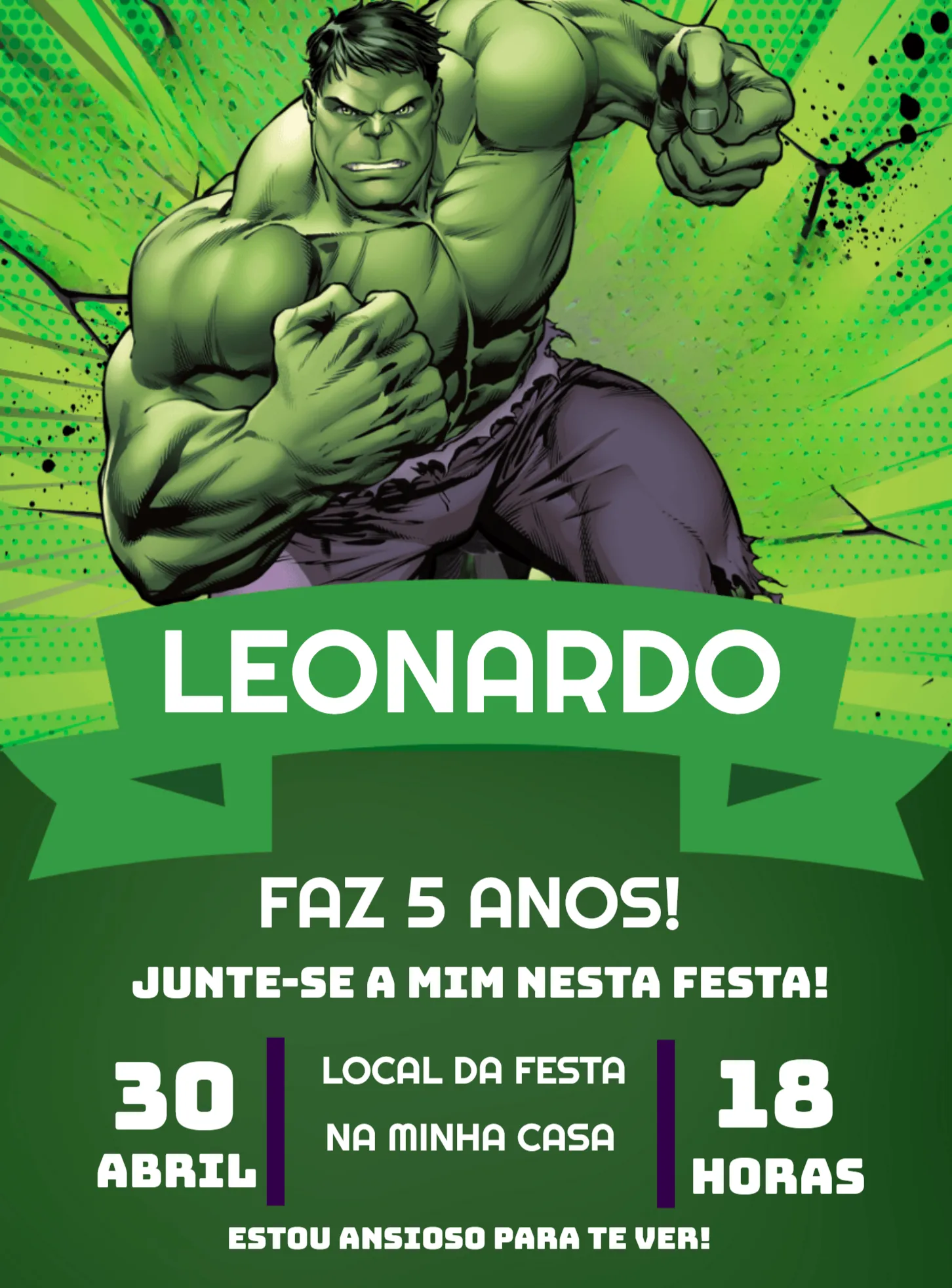 Convite O Incrível Hulk Heróis editável e personalizável