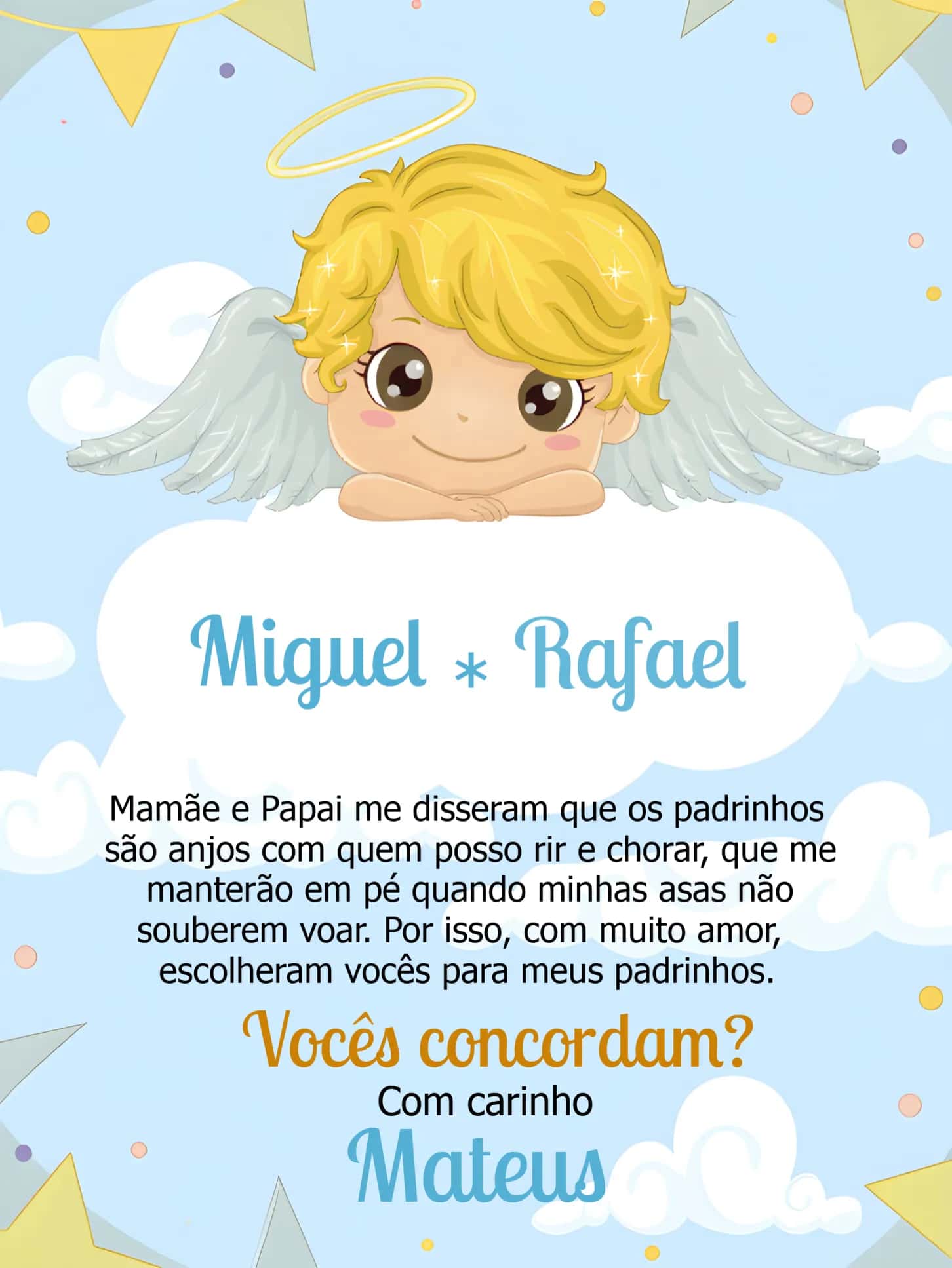 Convite Padrinhos De Batismo Menino editável e personalizável