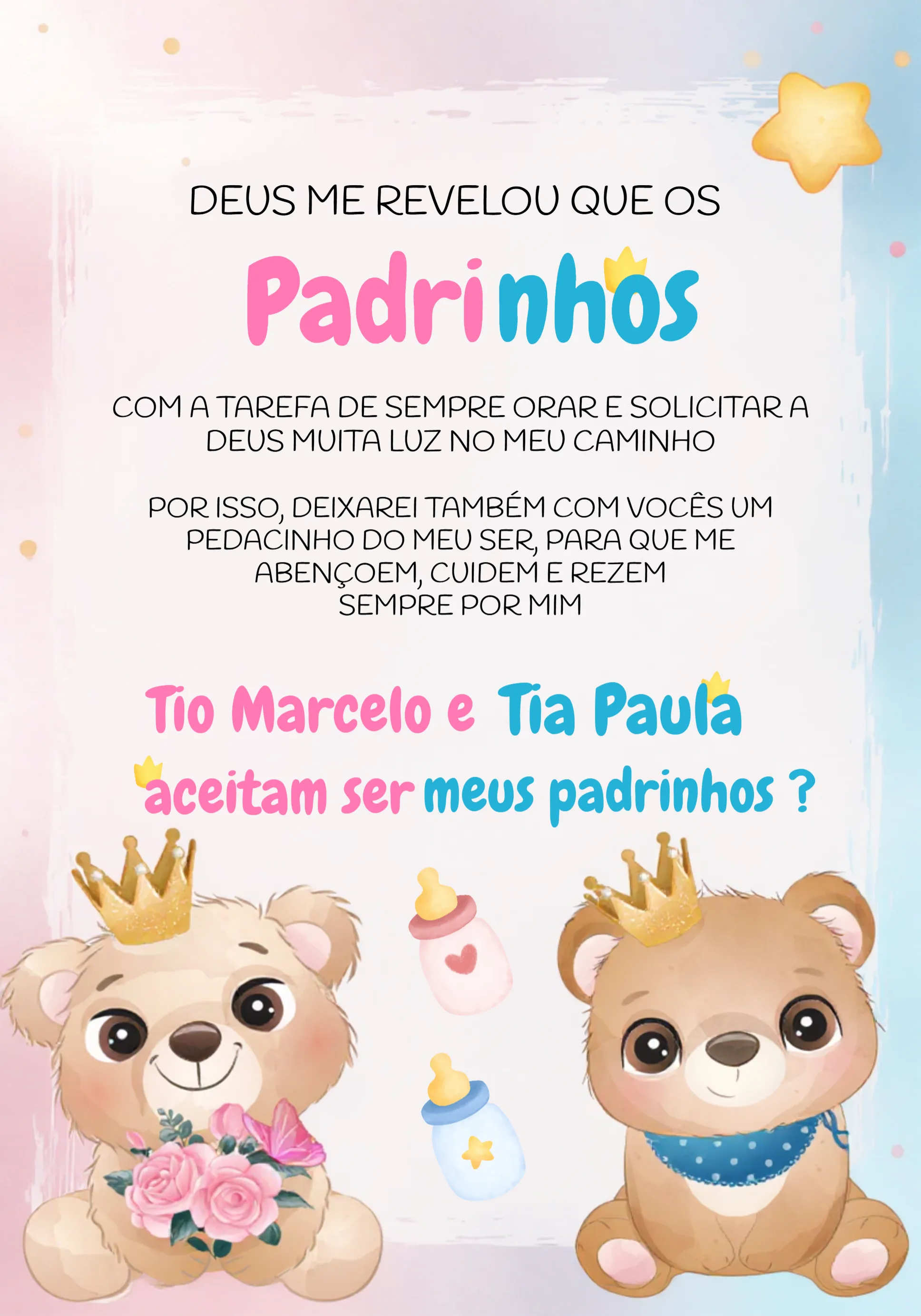 Convite Padrinhos Ursinhos Realeza Revelação editável e personalizável