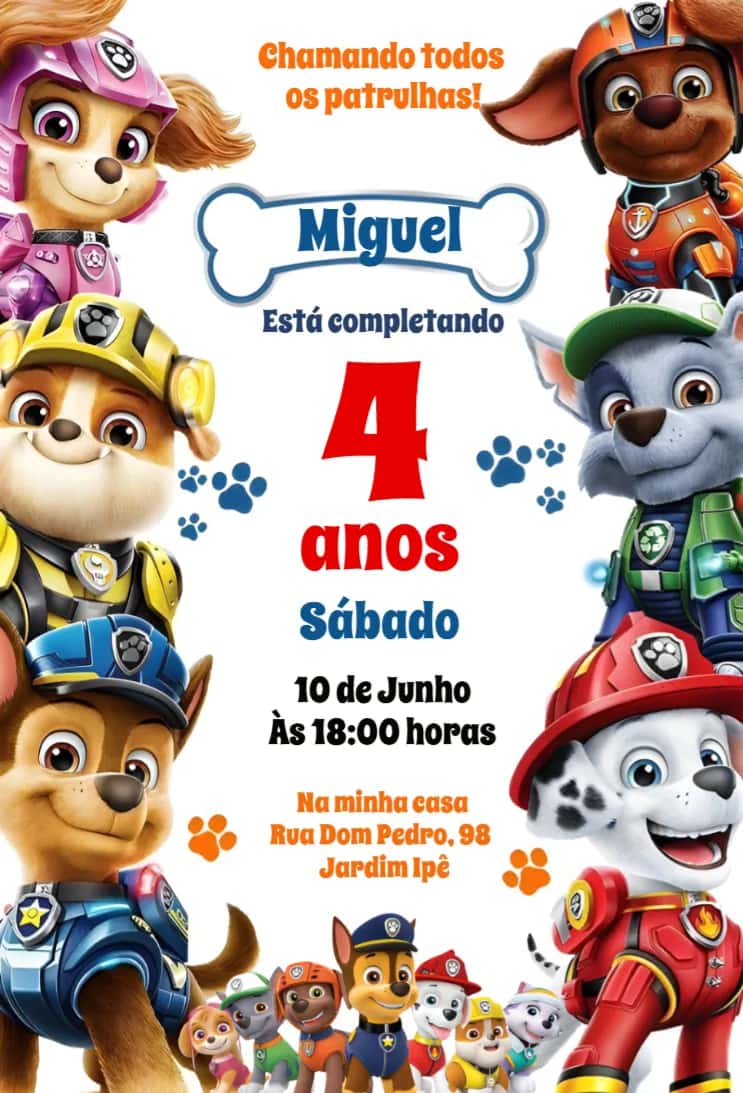 Convite Patrulha Canina editável e personalizável