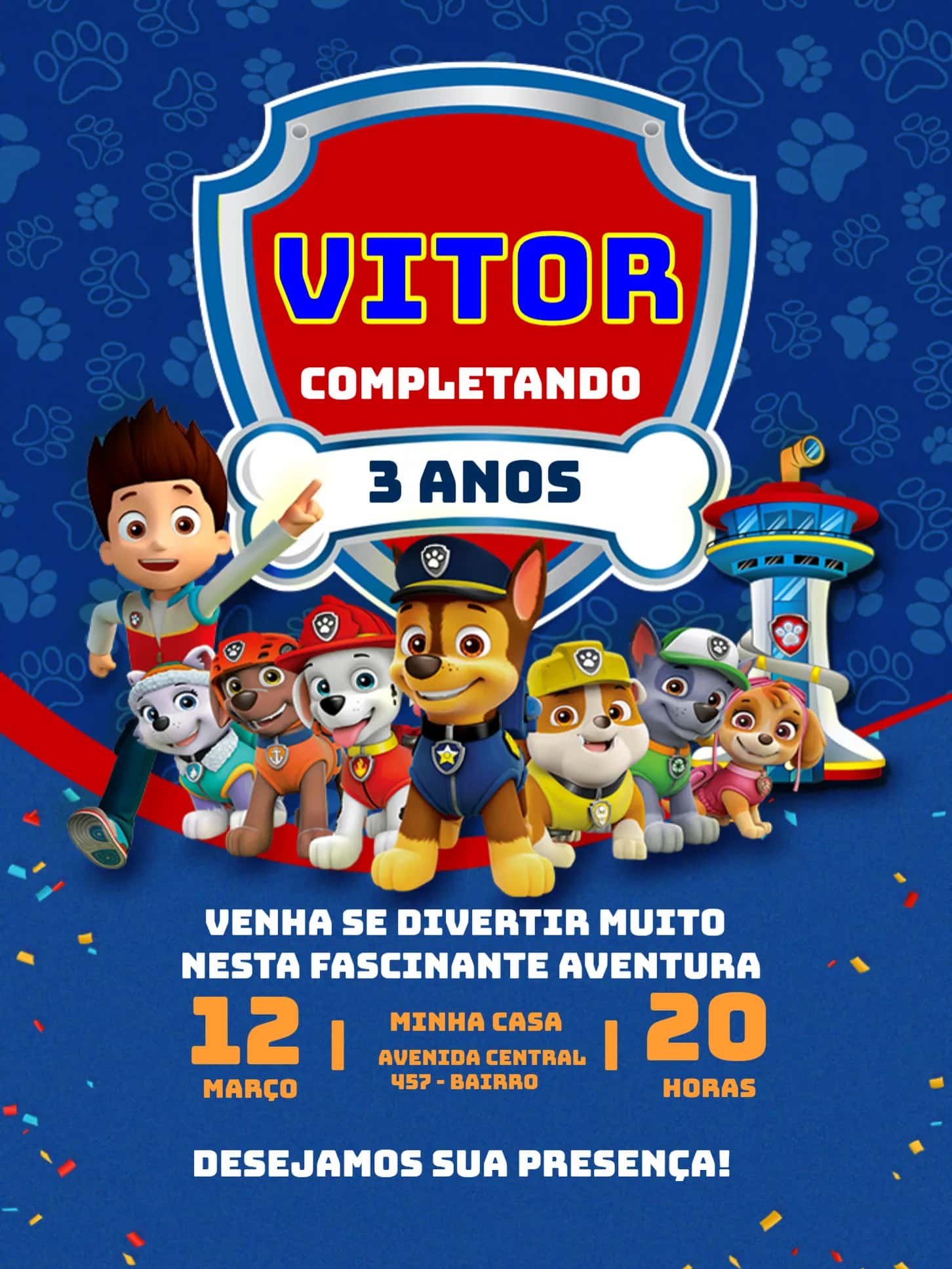 Convite Patrulha Canina Azul Menino Patrol editável e personalizável