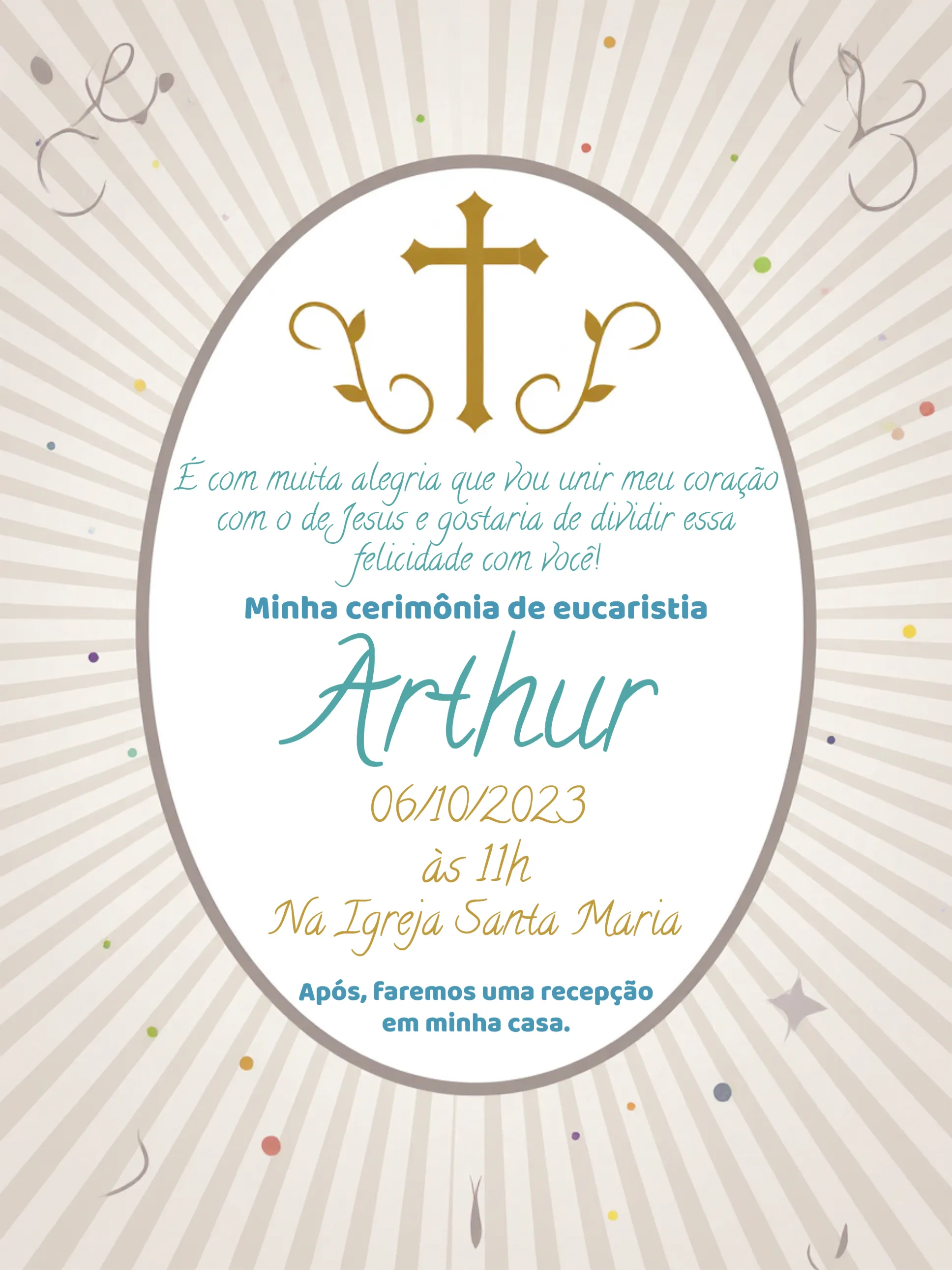 Convite Primeira Comunhão Branco editável e personalizável