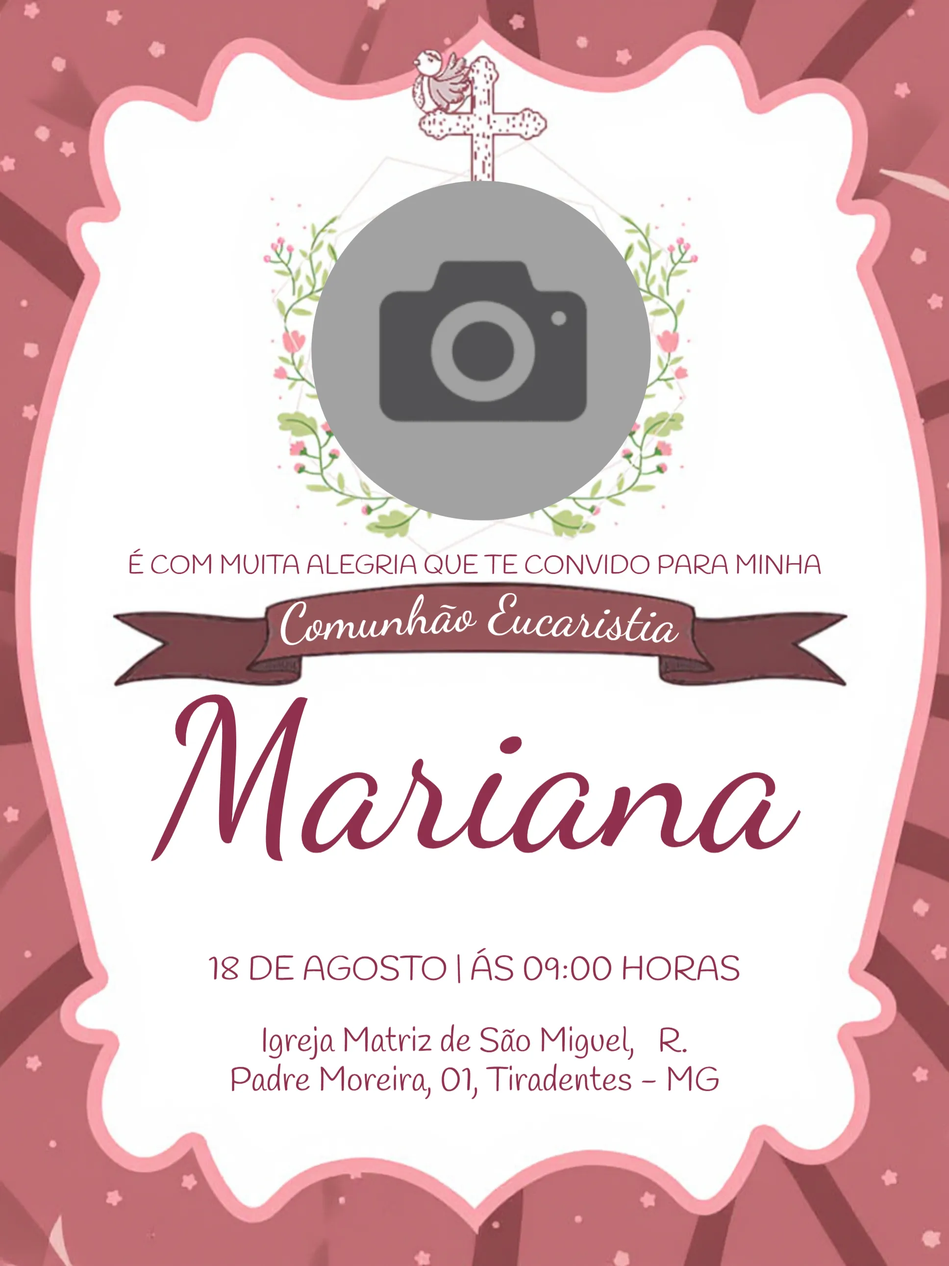 Convite Primeira Comunhão Com Foto Rosa editável e personalizável