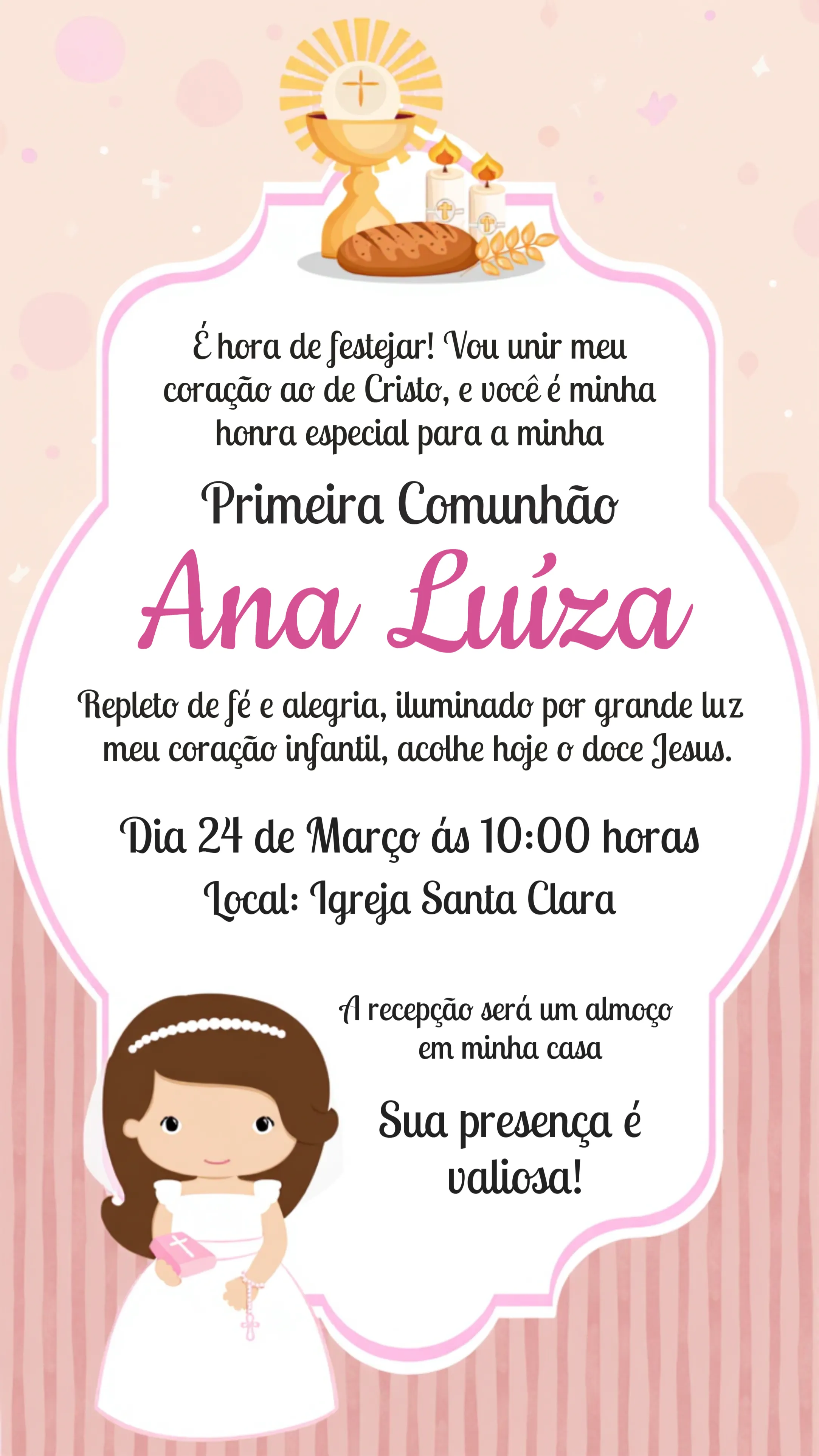 Convite Primeira Eucaristia Igreja editável e personalizável