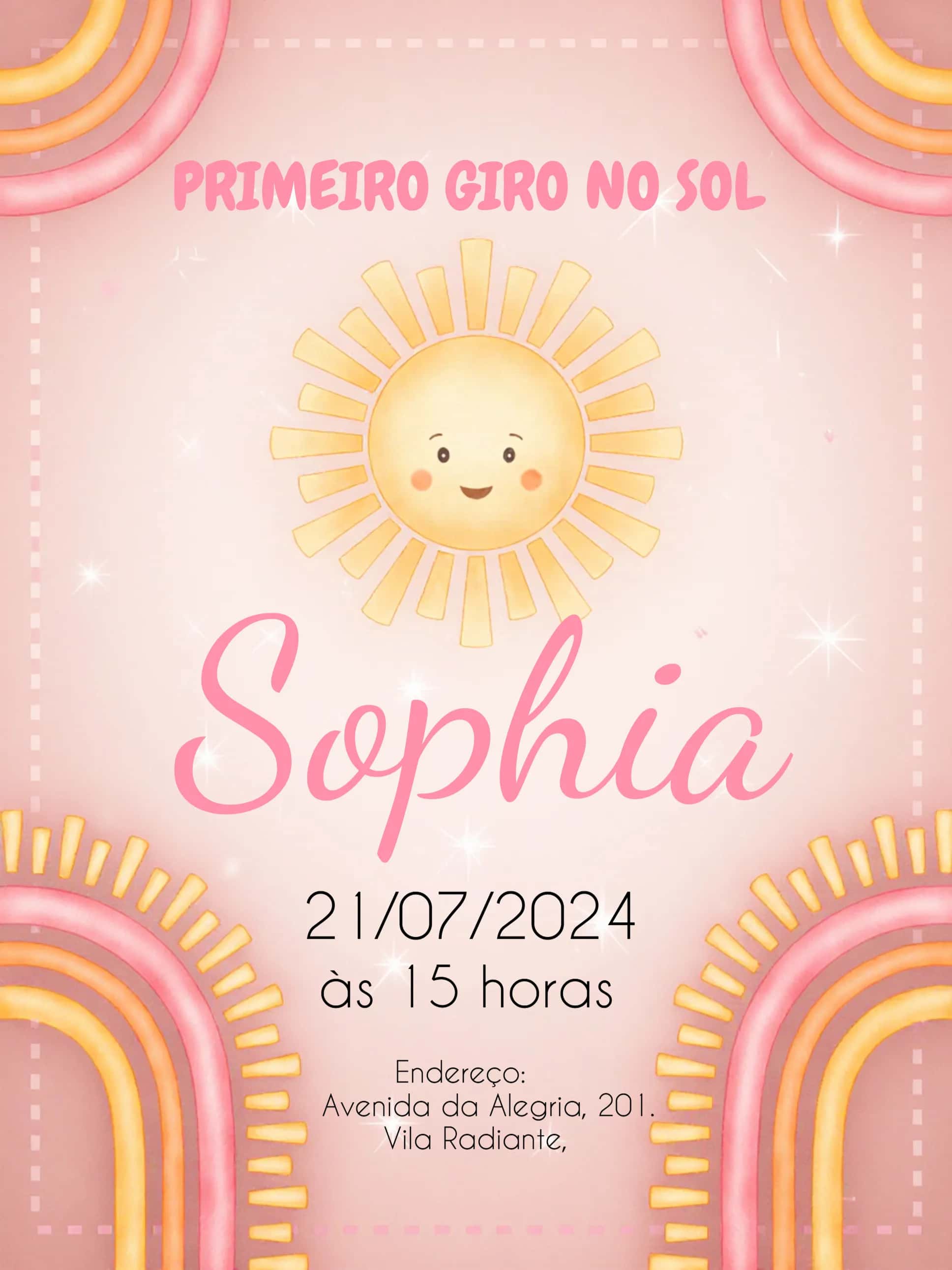 Convite Primeira Volta Ao Sol Rosa Menina editável e personalizável