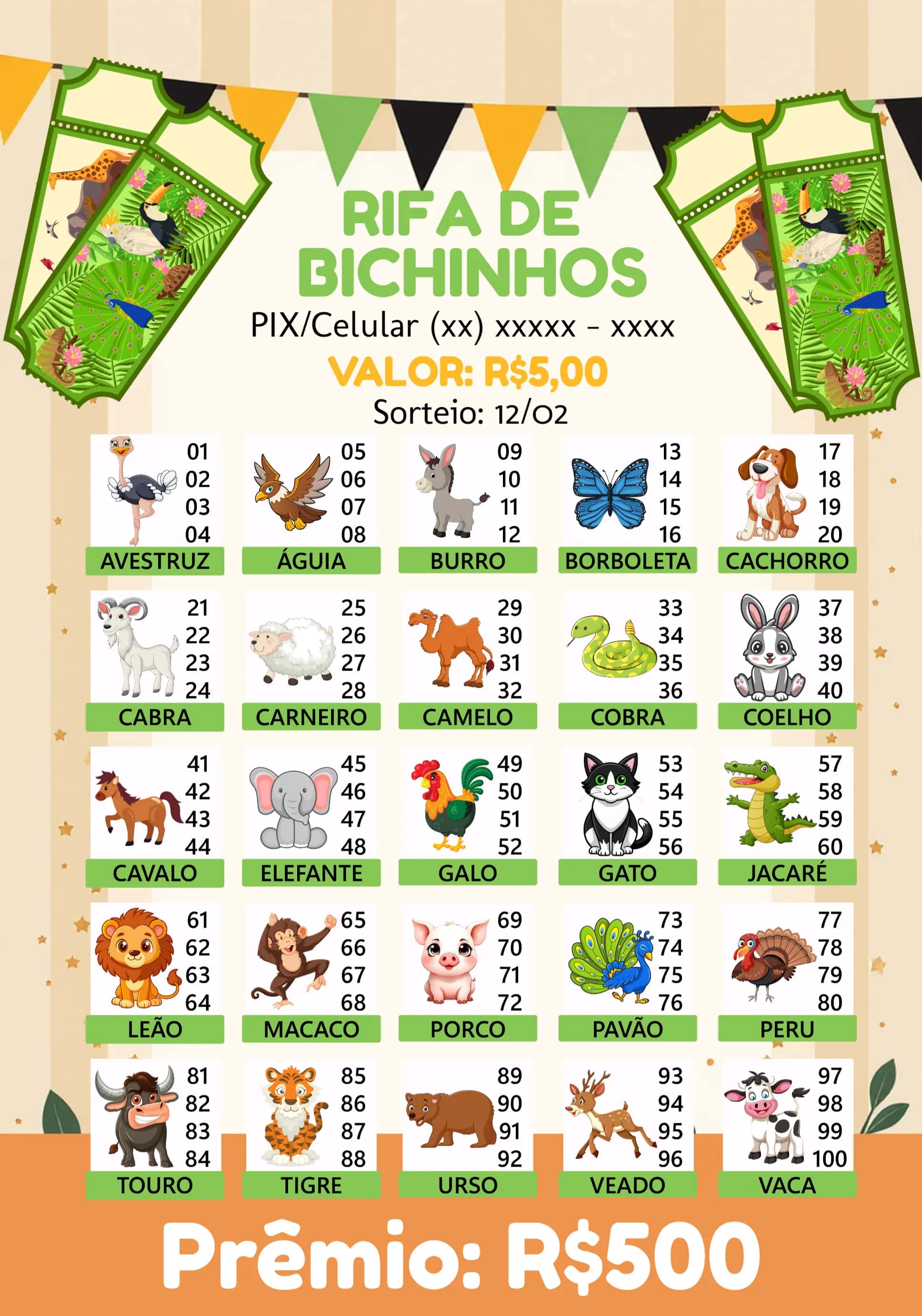 Convite Rifa De Bicho Premiações Premiação editável e personalizável