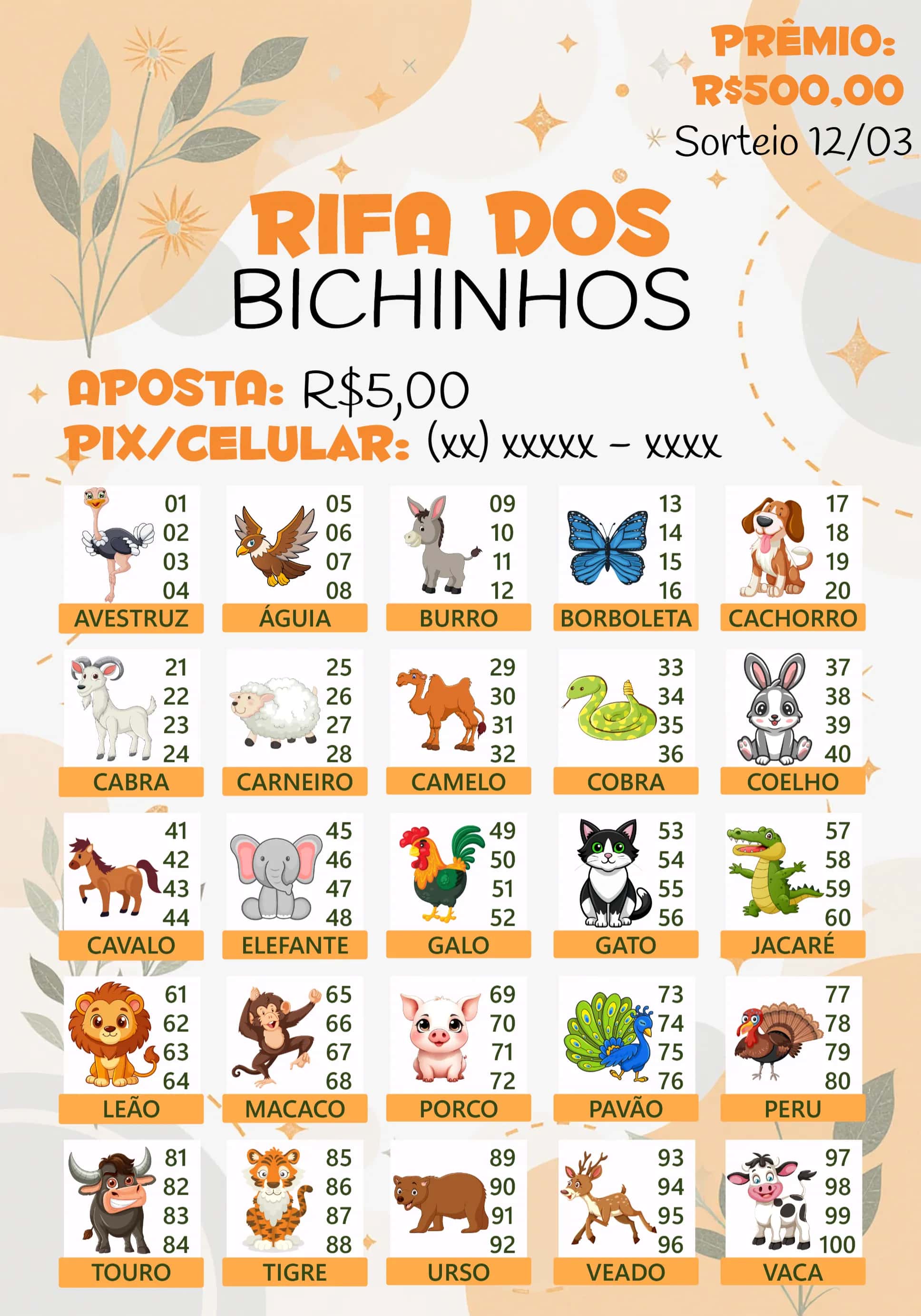 Convite Rifa De Bicho Premiações Jogo editável e personalizável