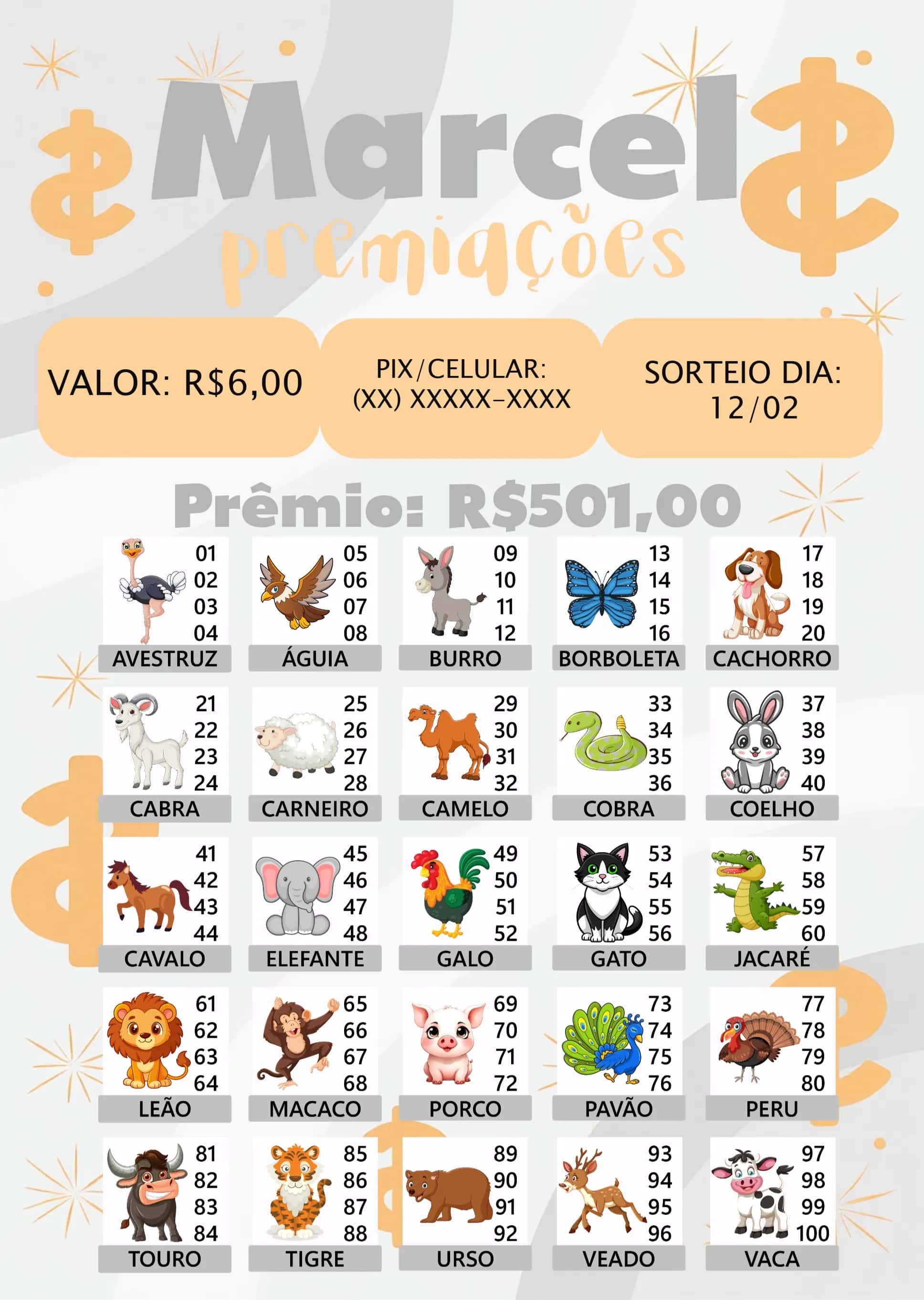 Convite Rifa De Bicho Premiações Premiacoes editável e personalizável