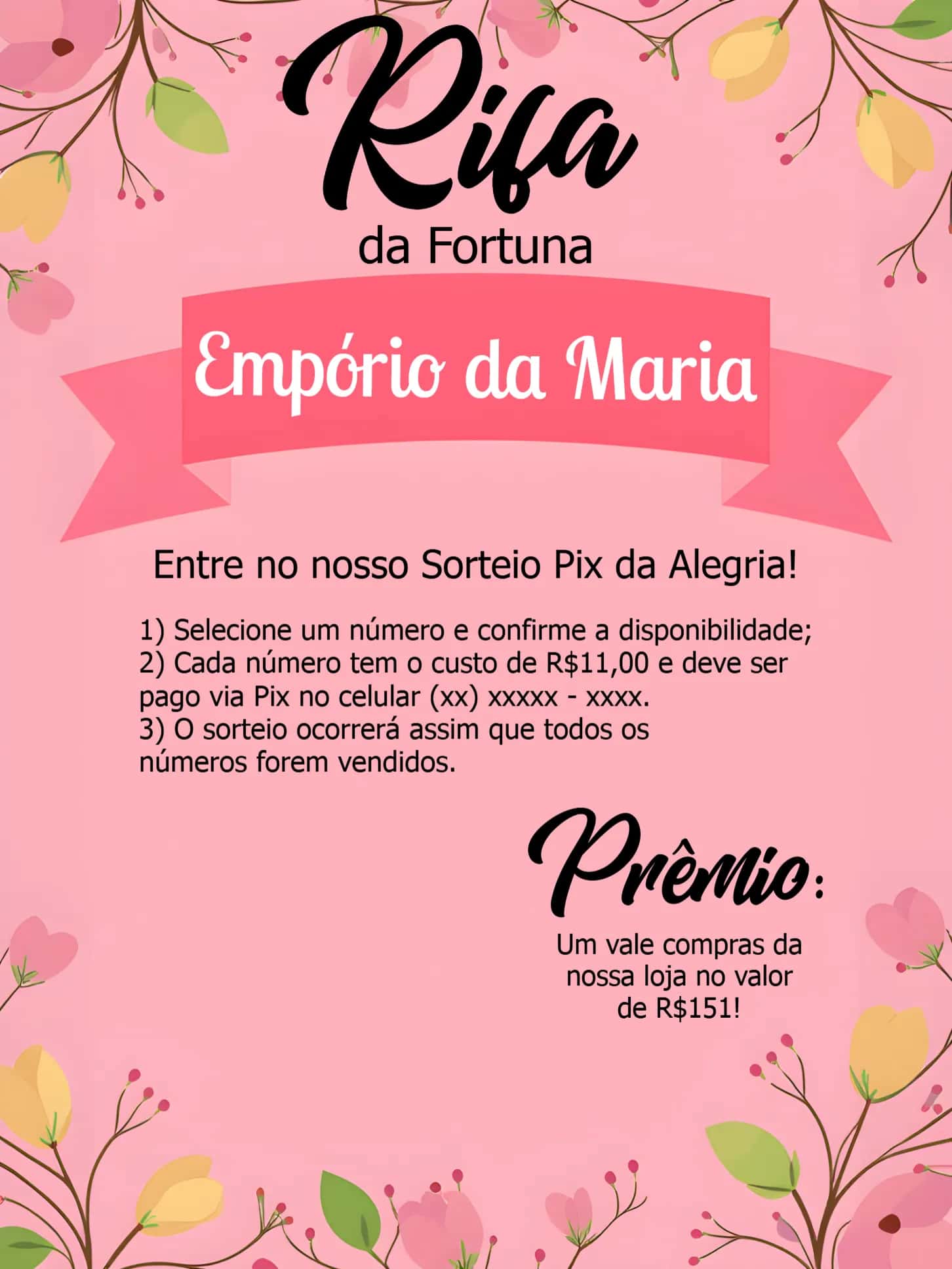 Convite Rifa Pix Da Sorte Floral Rosa editável e personalizável