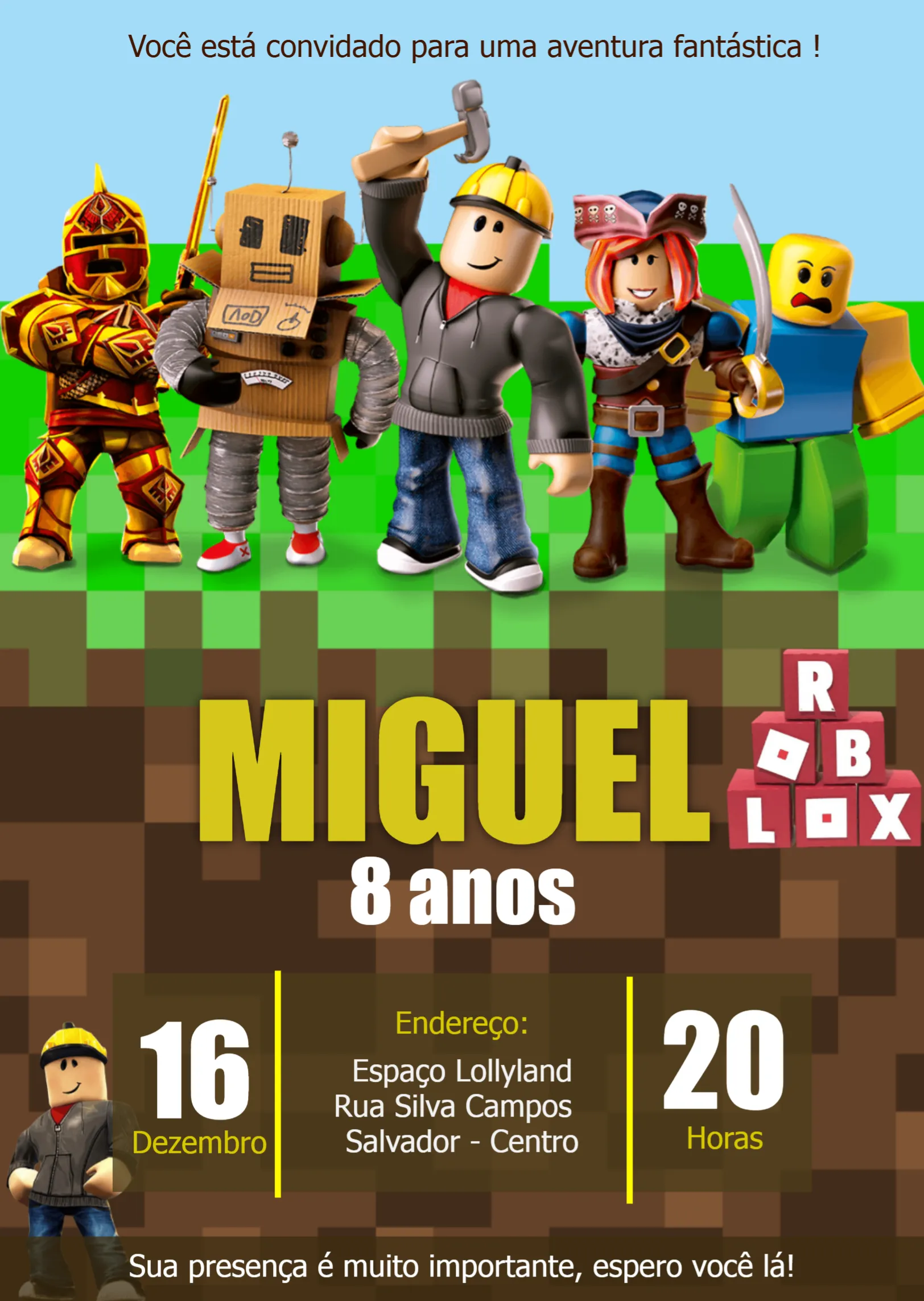 Convite Roblox Robux editável e personalizável