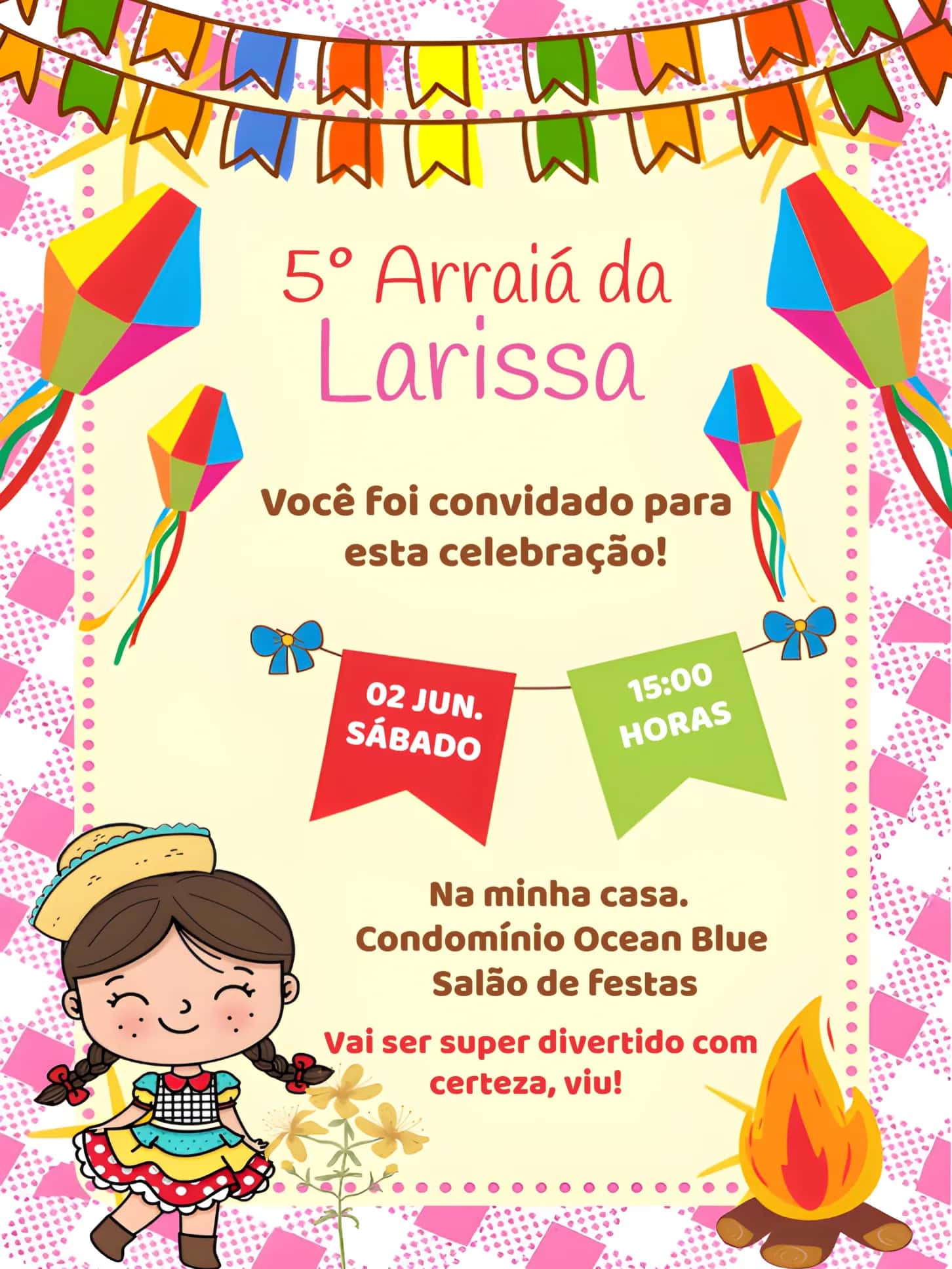 Convite São João Arraiá Menina editável e personalizável