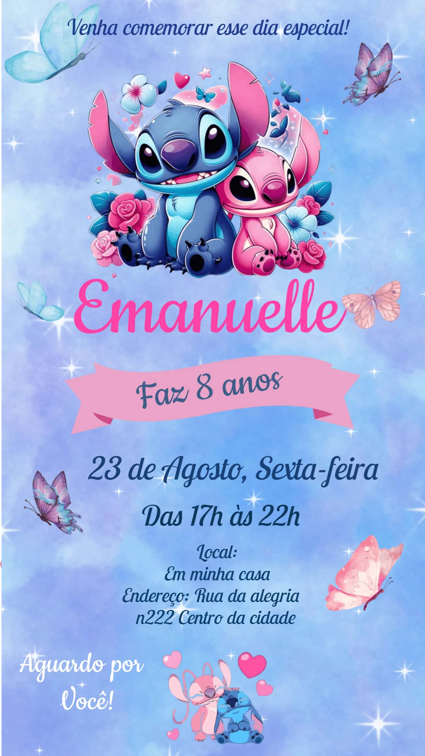 Convite Stitch E Angel Disney editável e personalizável